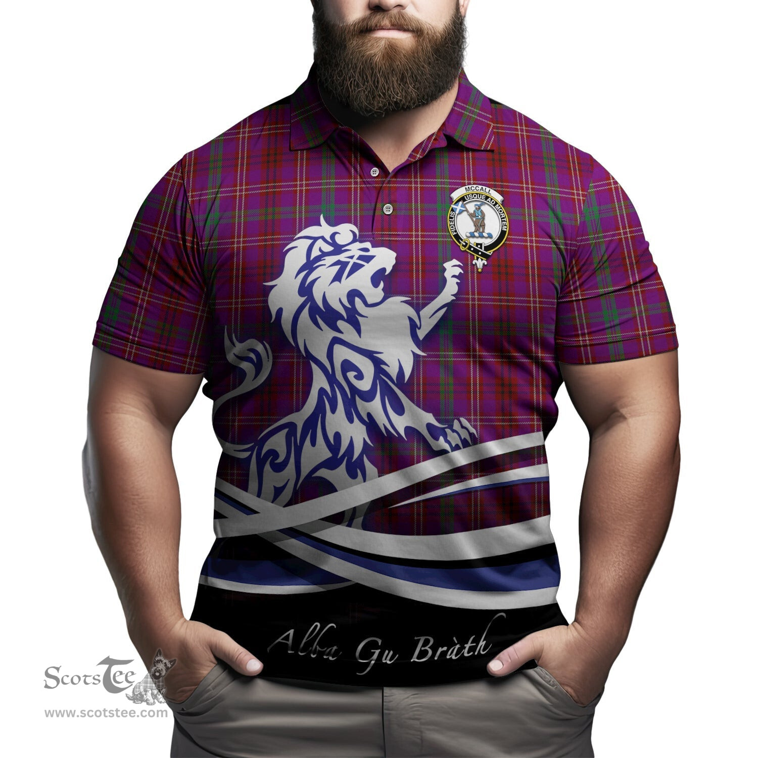 ScotsTee Shop Scottish McCall (Caithness) Clan Crest Tartan Polo Shirt Alba Gu Brath Regal Lion Emblem