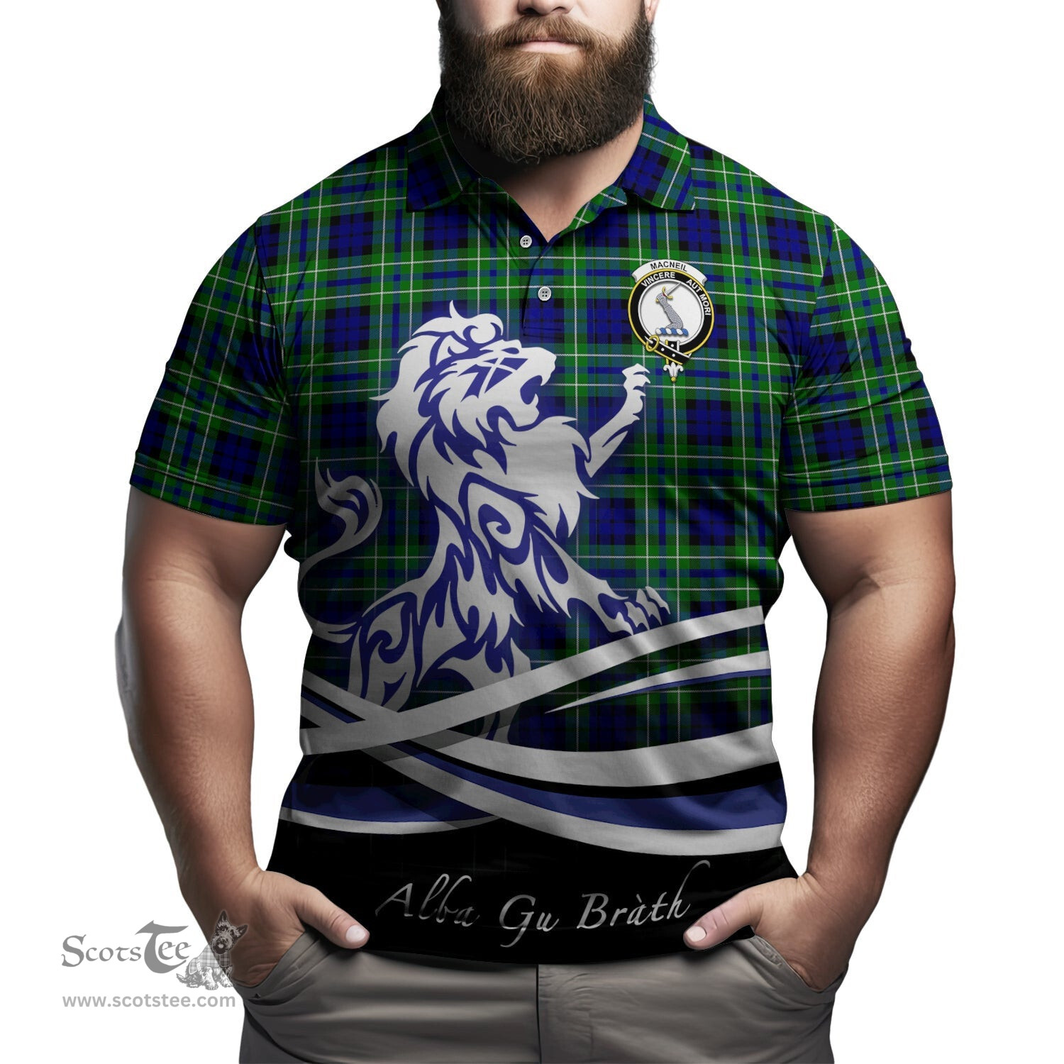 ScotsTee Shop Scottish MacNeil of Colonsay Modern Clan Crest Tartan Polo Shirt Alba Gu Brath Regal Lion Emblem