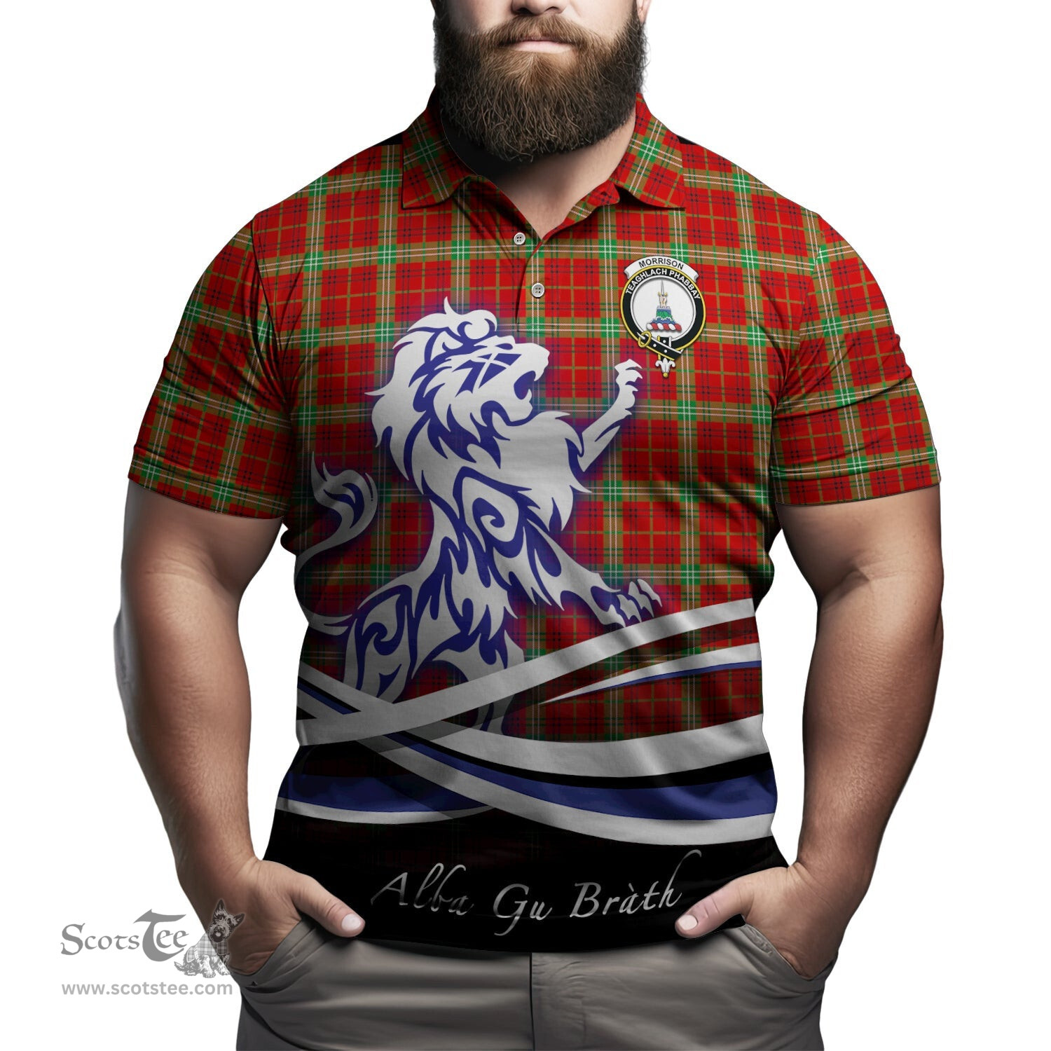ScotsTee Shop Scottish Morrison Red Modern Clan Crest Tartan Polo Shirt Alba Gu Brath Regal Lion Emblem