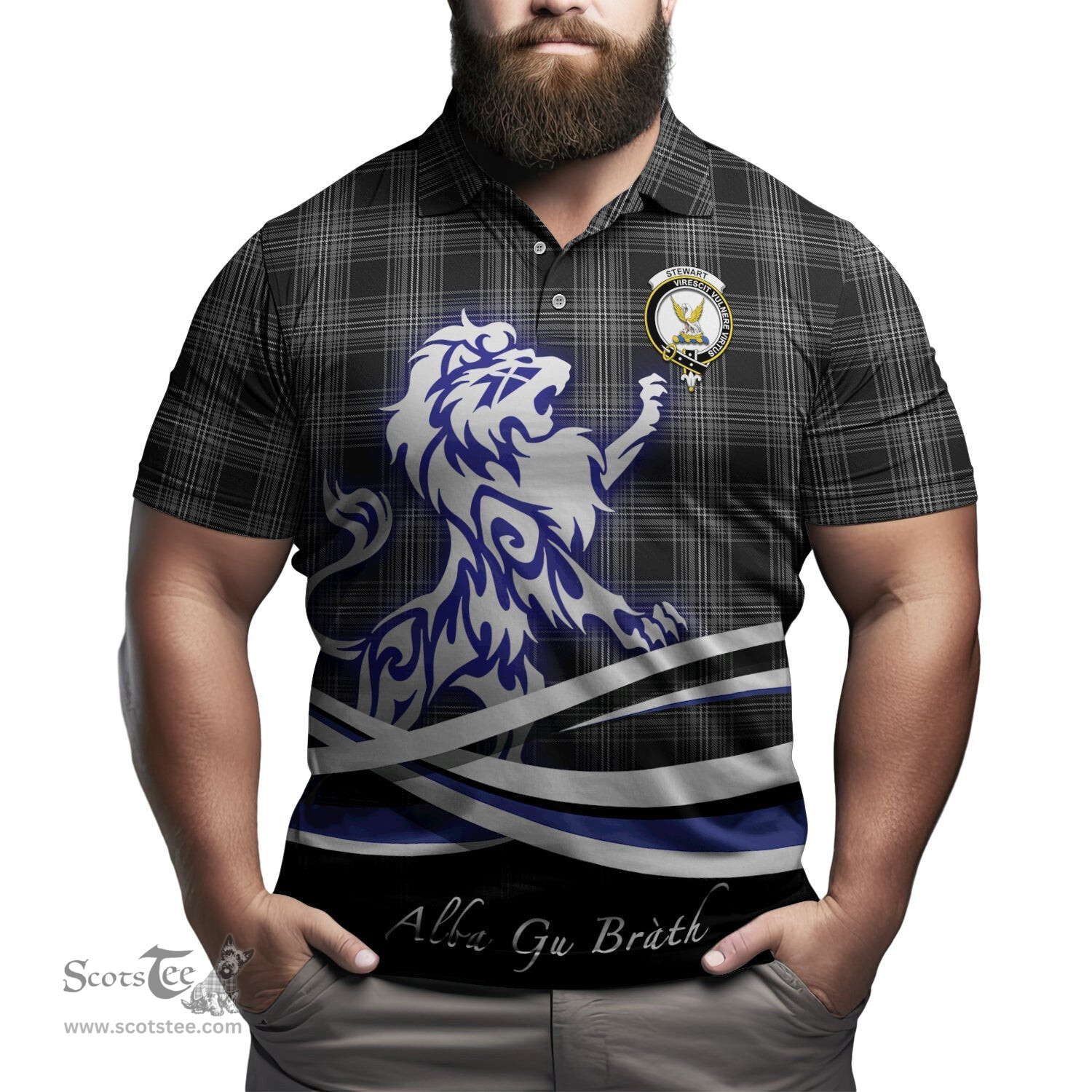 ScotsTee Shop Scottish Stewart Mourning Clan Crest Tartan Polo Shirt Alba Gu Brath Regal Lion Emblem