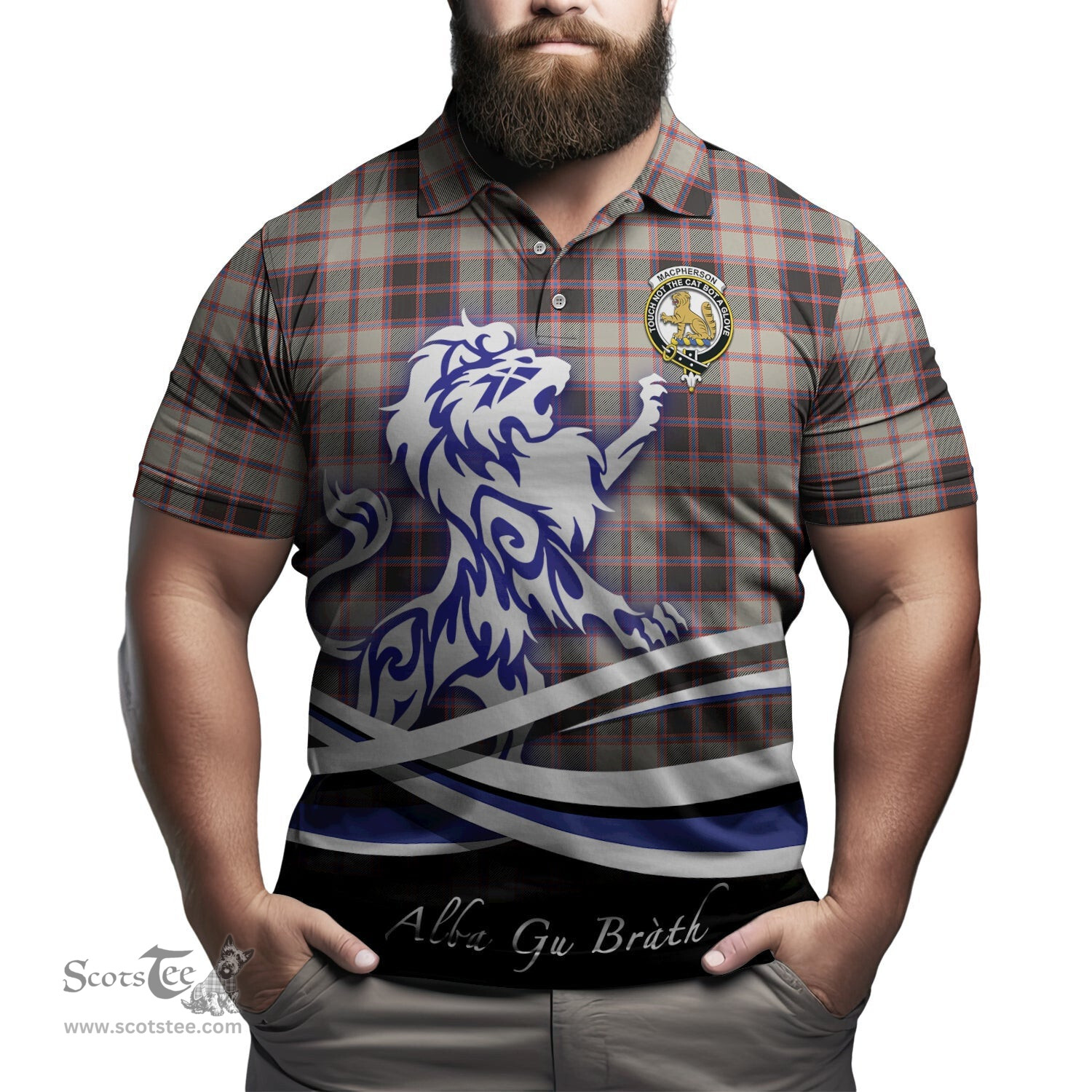 ScotsTee Shop Scottish MacPherson Hunting Ancient Clan Crest Tartan Polo Shirt Alba Gu Brath Regal Lion Emblem