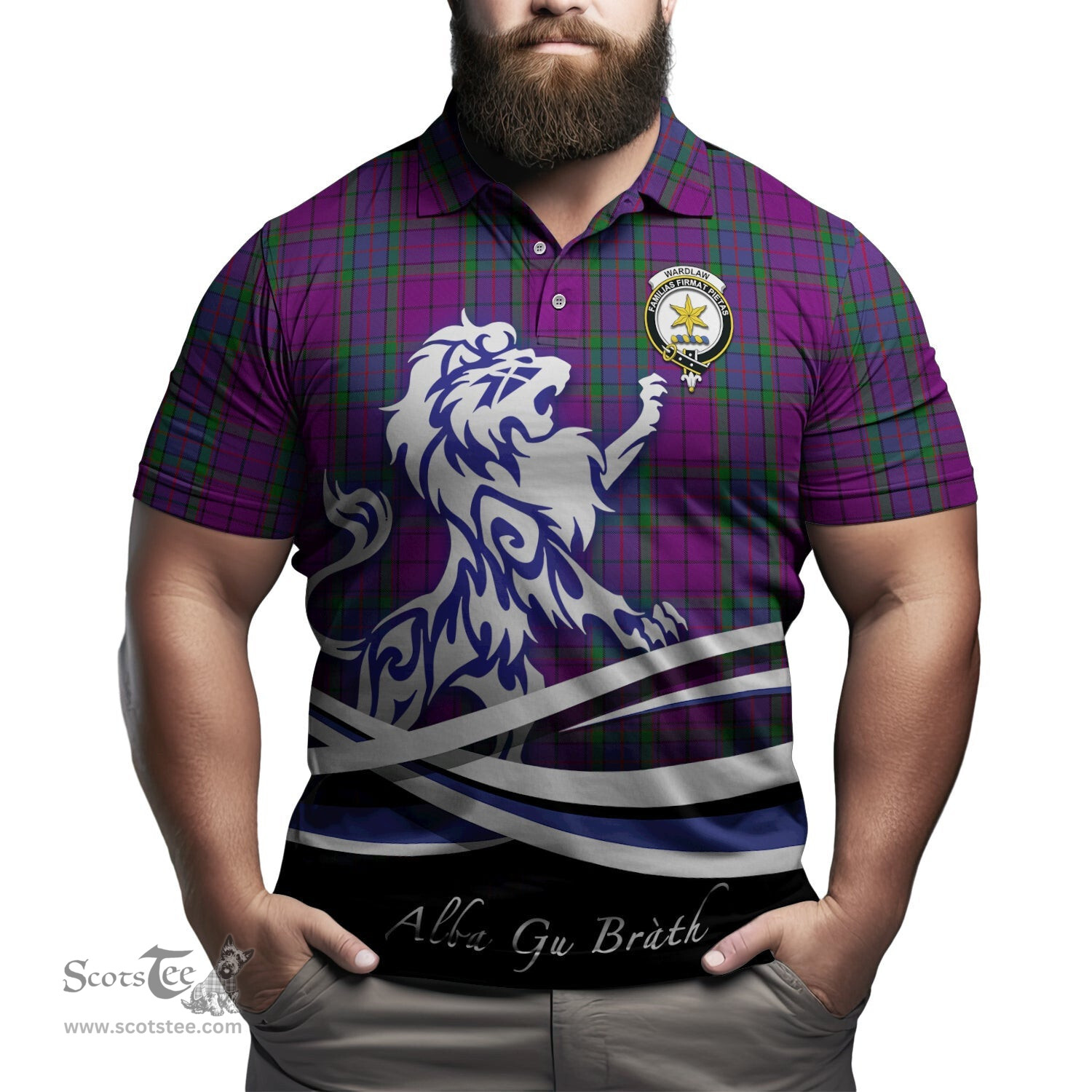 ScotsTee Shop Scottish Wardlaw Clan Crest Tartan Polo Shirt Alba Gu Brath Regal Lion Emblem