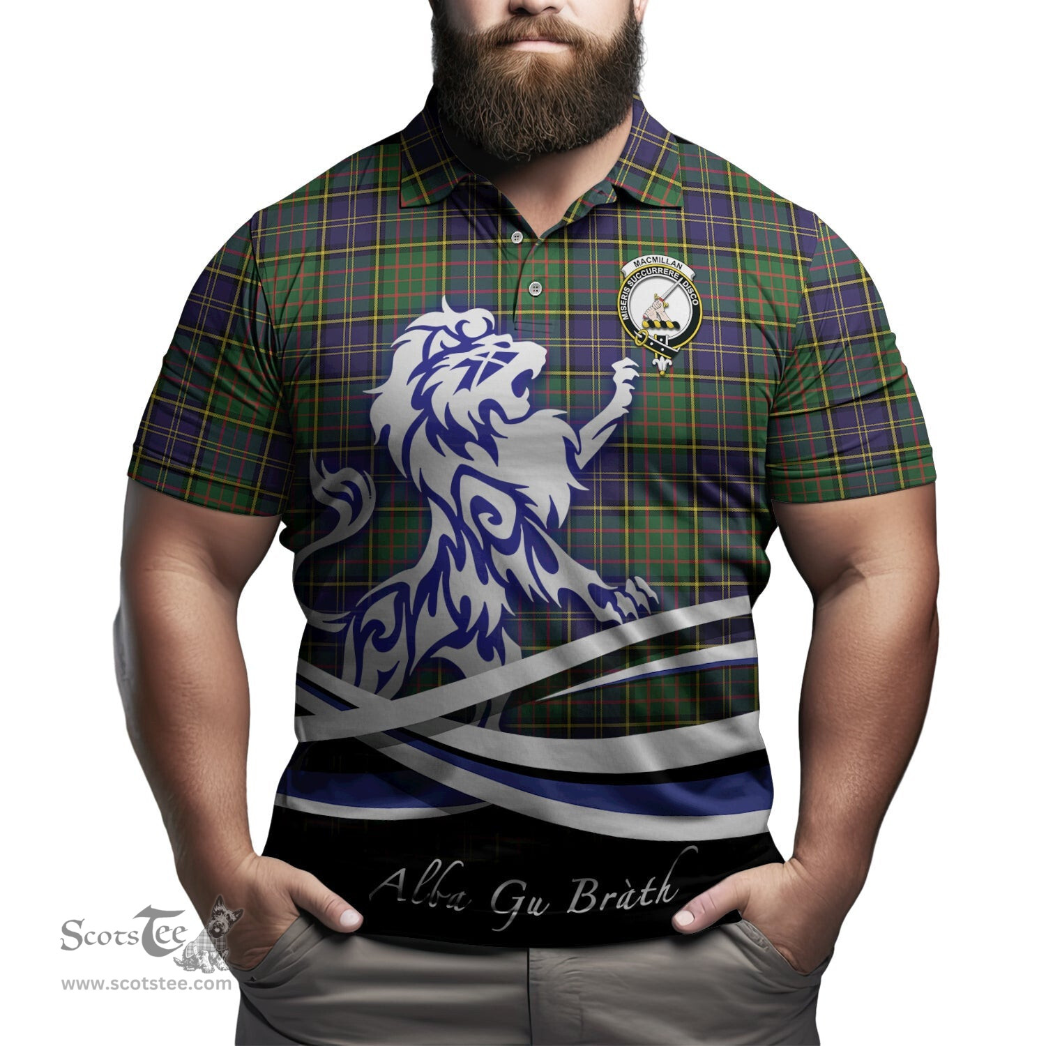 ScotsTee Shop Scottish MacMillan Hunting Modern Clan Crest Tartan Polo Shirt Alba Gu Brath Regal Lion Emblem