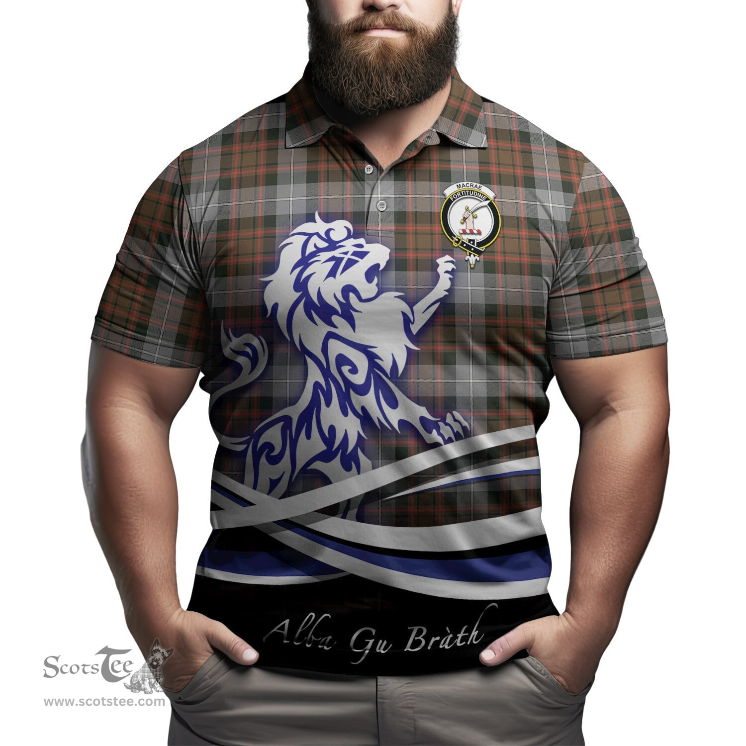 ScotsTee Shop Scottish MacRae Hunting Weathered Clan Crest Tartan Polo Shirt Alba Gu Brath Regal Lion Emblem