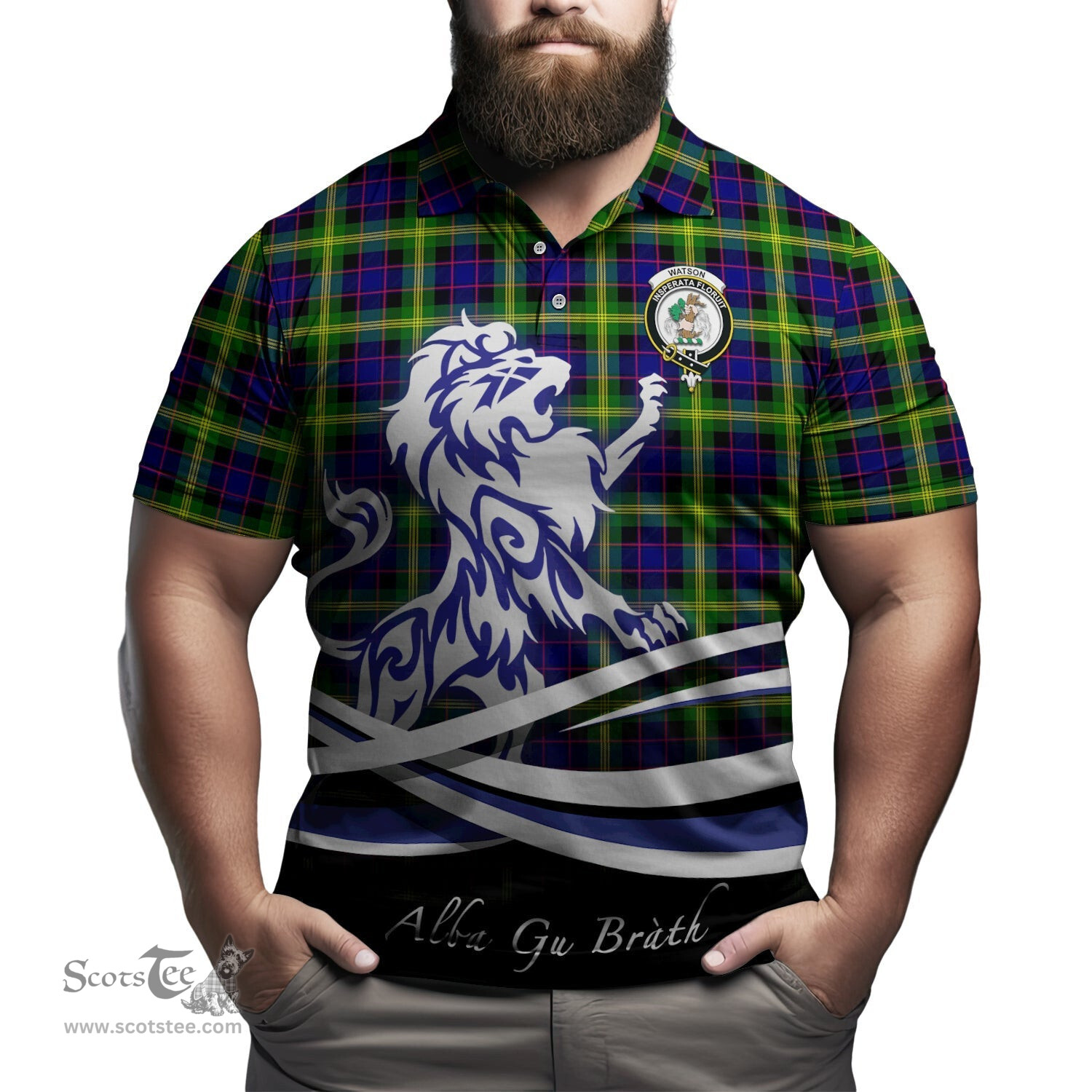 ScotsTee Shop Scottish Watson Modern Clan Crest Tartan Polo Shirt Alba Gu Brath Regal Lion Emblem