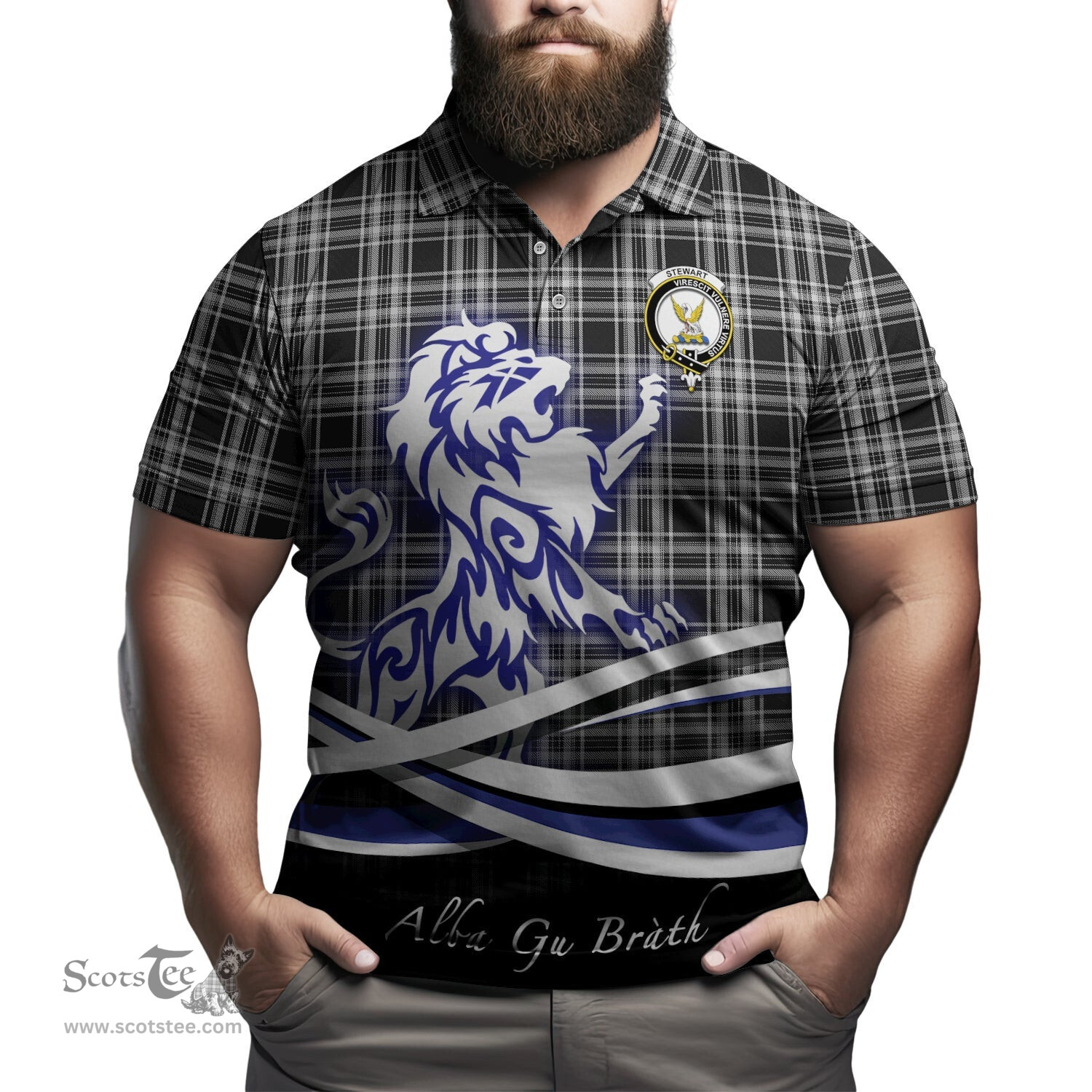 ScotsTee Shop Scottish Stewart Black and White Clan Crest Tartan Polo Shirt Alba Gu Brath Regal Lion Emblem