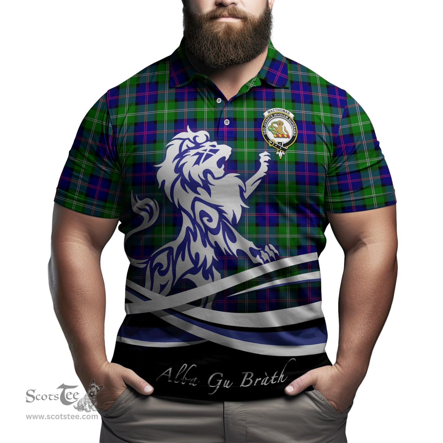 ScotsTee Shop Scottish MacThomas Modern Clan Crest Tartan Polo Shirt Alba Gu Brath Regal Lion Emblem