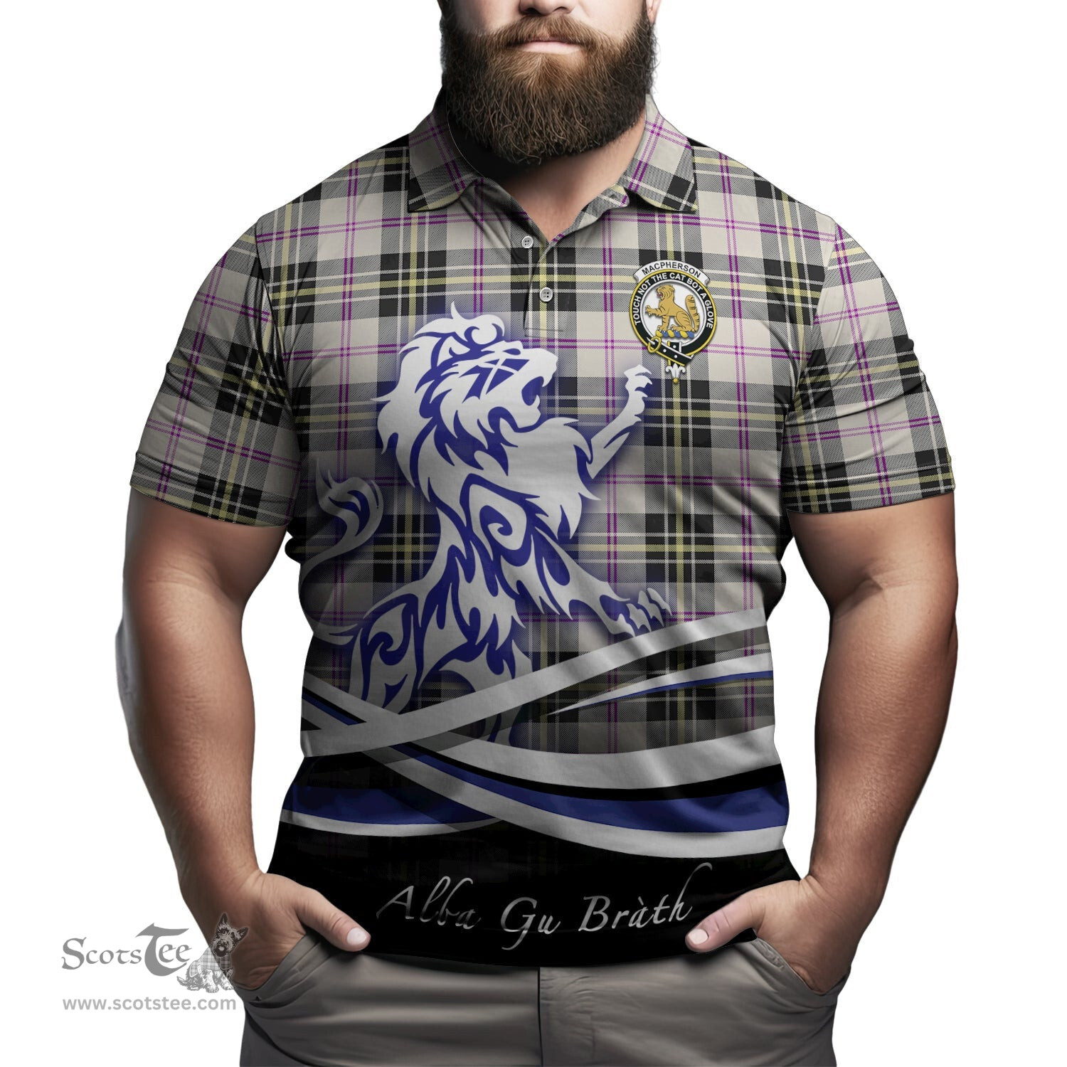 ScotsTee Shop Scottish MacPherson Dress Ancient Clan Crest Tartan Polo Shirt Alba Gu Brath Regal Lion Emblem