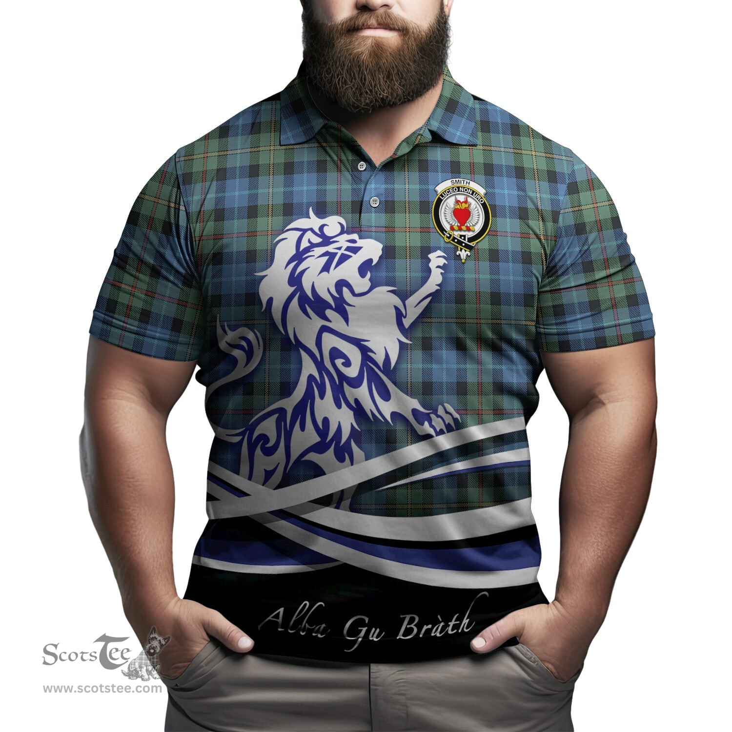 ScotsTee Shop Scottish Smith Ancient Clan Crest Tartan Polo Shirt Alba Gu Brath Regal Lion Emblem