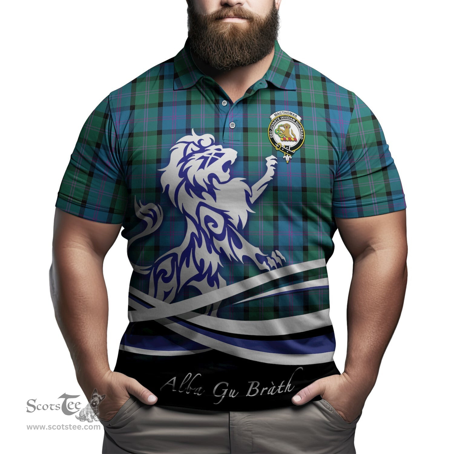 ScotsTee Shop Scottish MacThomas Clan Crest Tartan Polo Shirt Alba Gu Brath Regal Lion Emblem