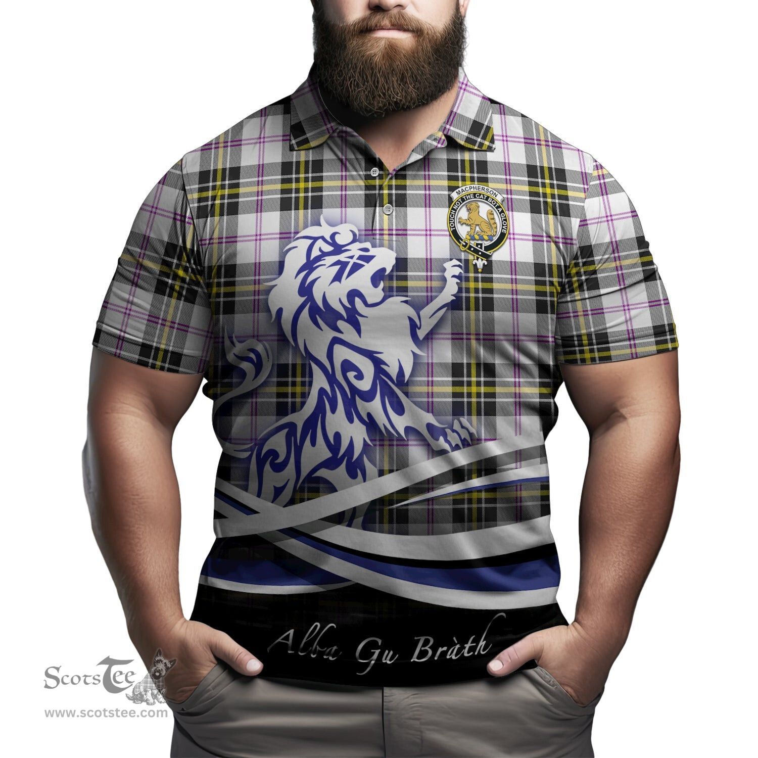 ScotsTee Shop Scottish MacPherson Dress Modern Clan Crest Tartan Polo Shirt Alba Gu Brath Regal Lion Emblem