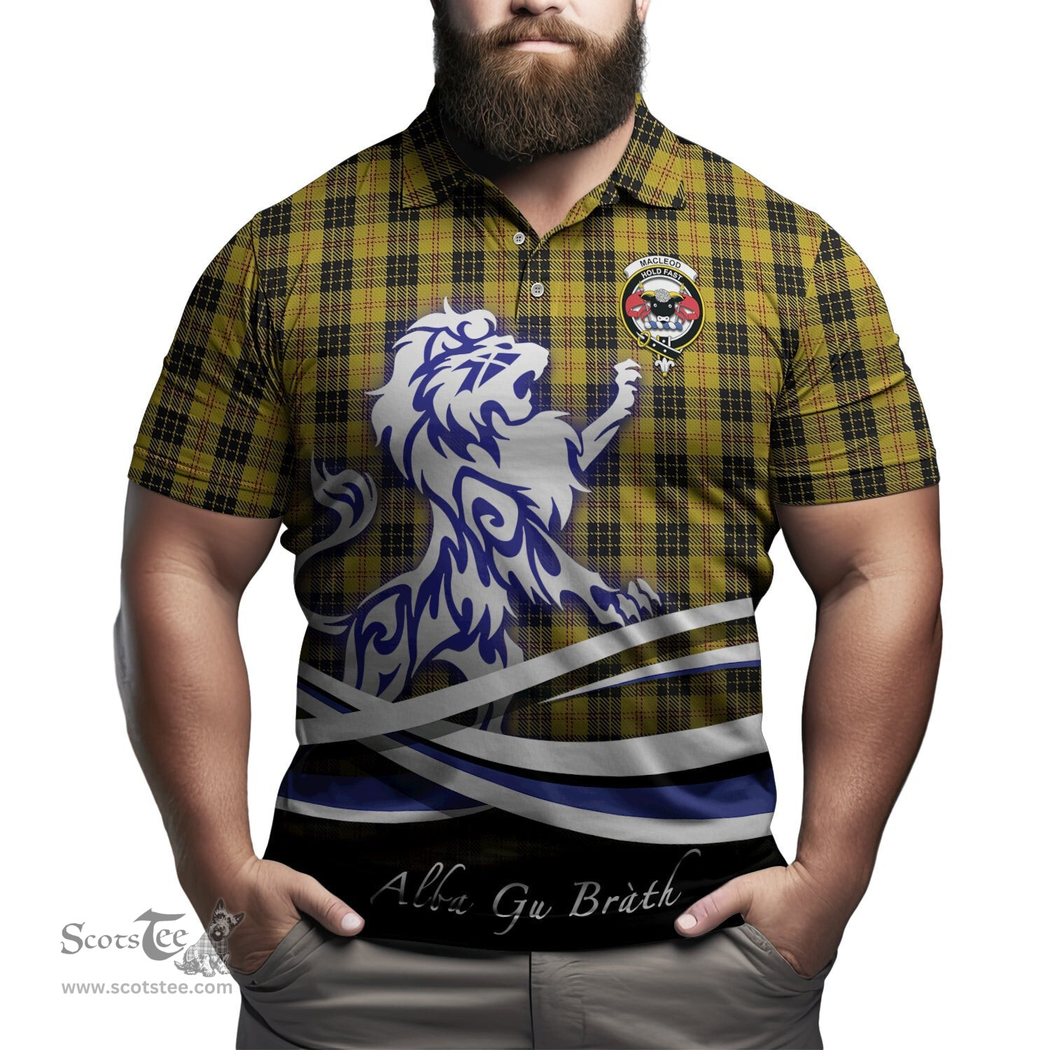ScotsTee Shop Scottish MacLeod Clan Crest Tartan Polo Shirt Alba Gu Brath Regal Lion Emblem