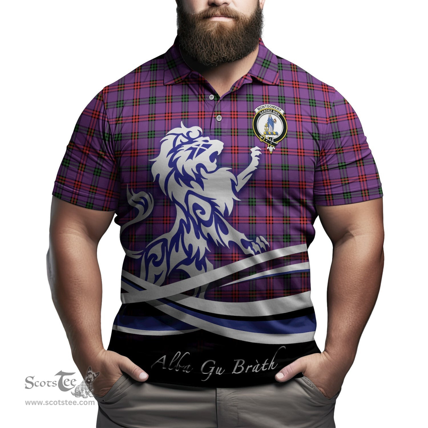 ScotsTee Shop Scottish Montgomery Modern Clan Crest Tartan Polo Shirt Alba Gu Brath Regal Lion Emblem