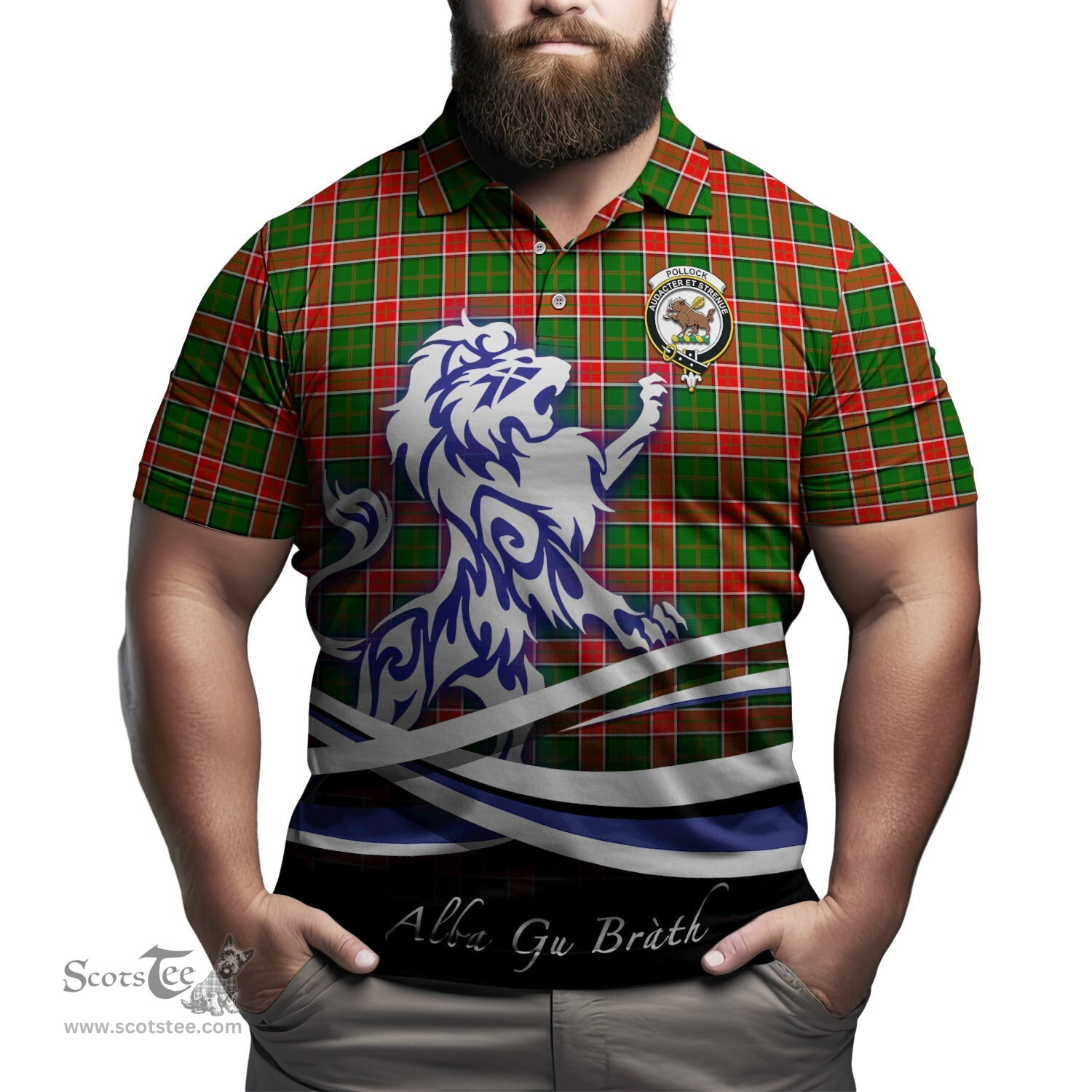 ScotsTee Shop Scottish Pollock Modern Clan Crest Tartan Polo Shirt Alba Gu Brath Regal Lion Emblem