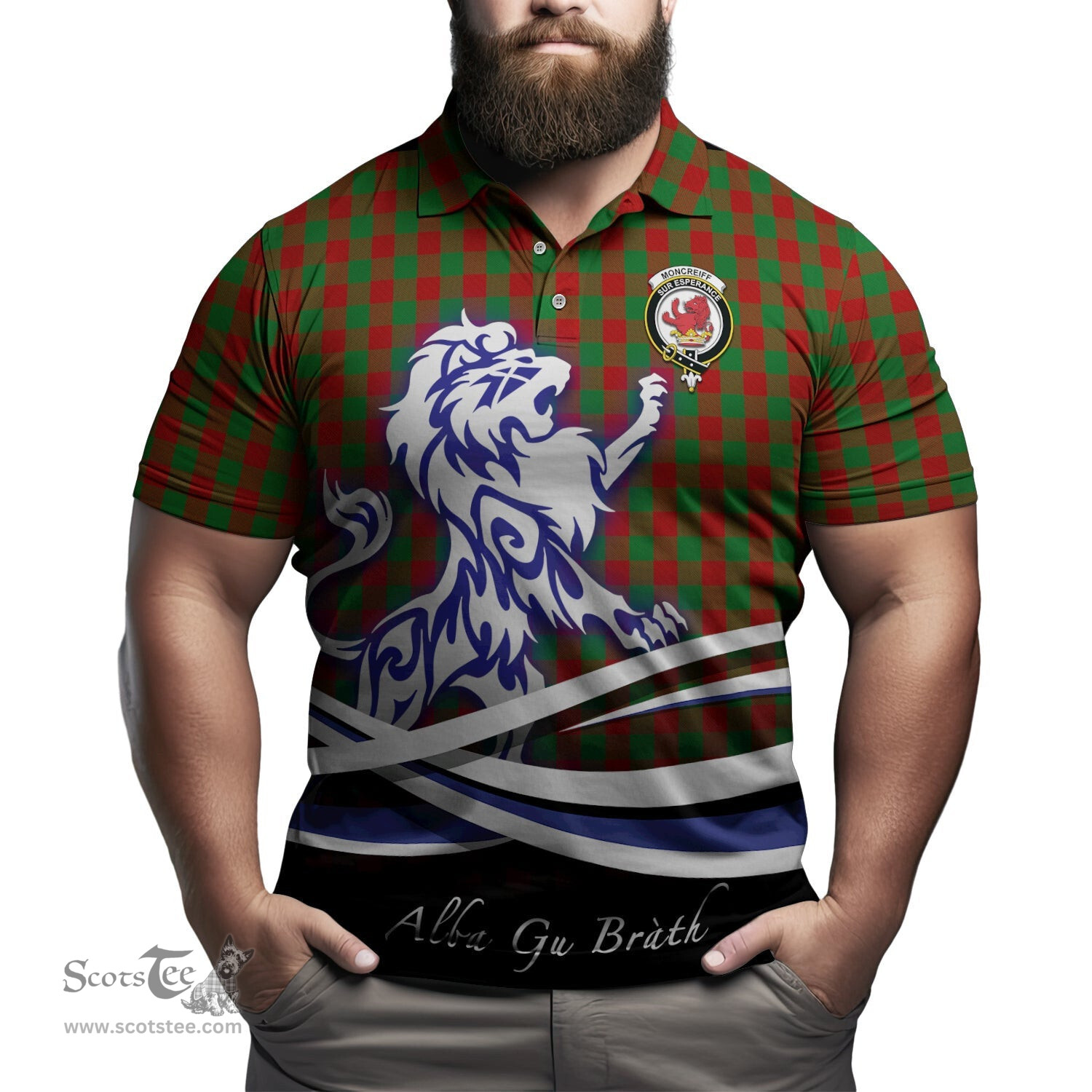 ScotsTee Shop Scottish Moncrieff Clan Crest Tartan Polo Shirt Alba Gu Brath Regal Lion Emblem