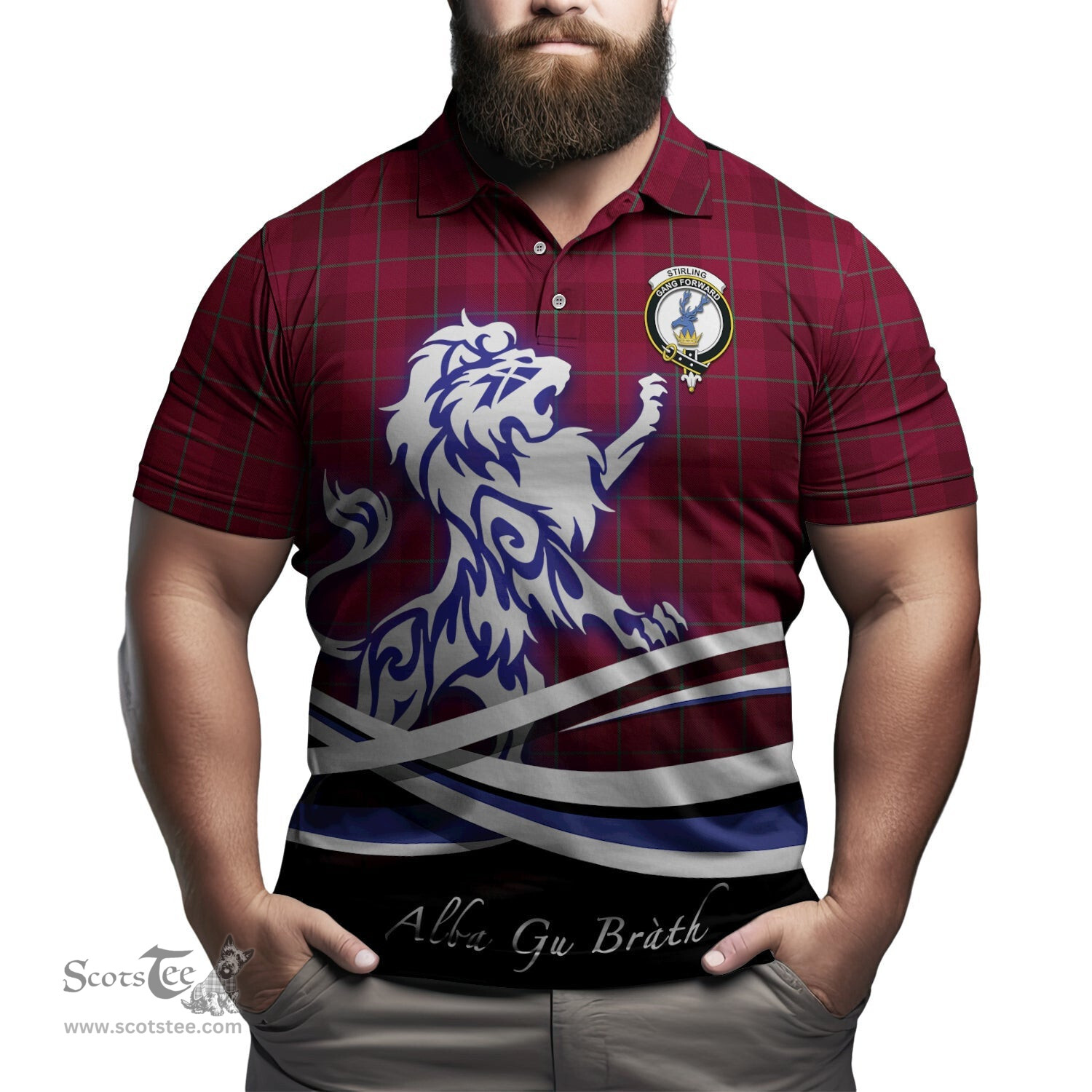 ScotsTee Shop Scottish Stirling of Keir Clan Crest Tartan Polo Shirt Alba Gu Brath Regal Lion Emblem