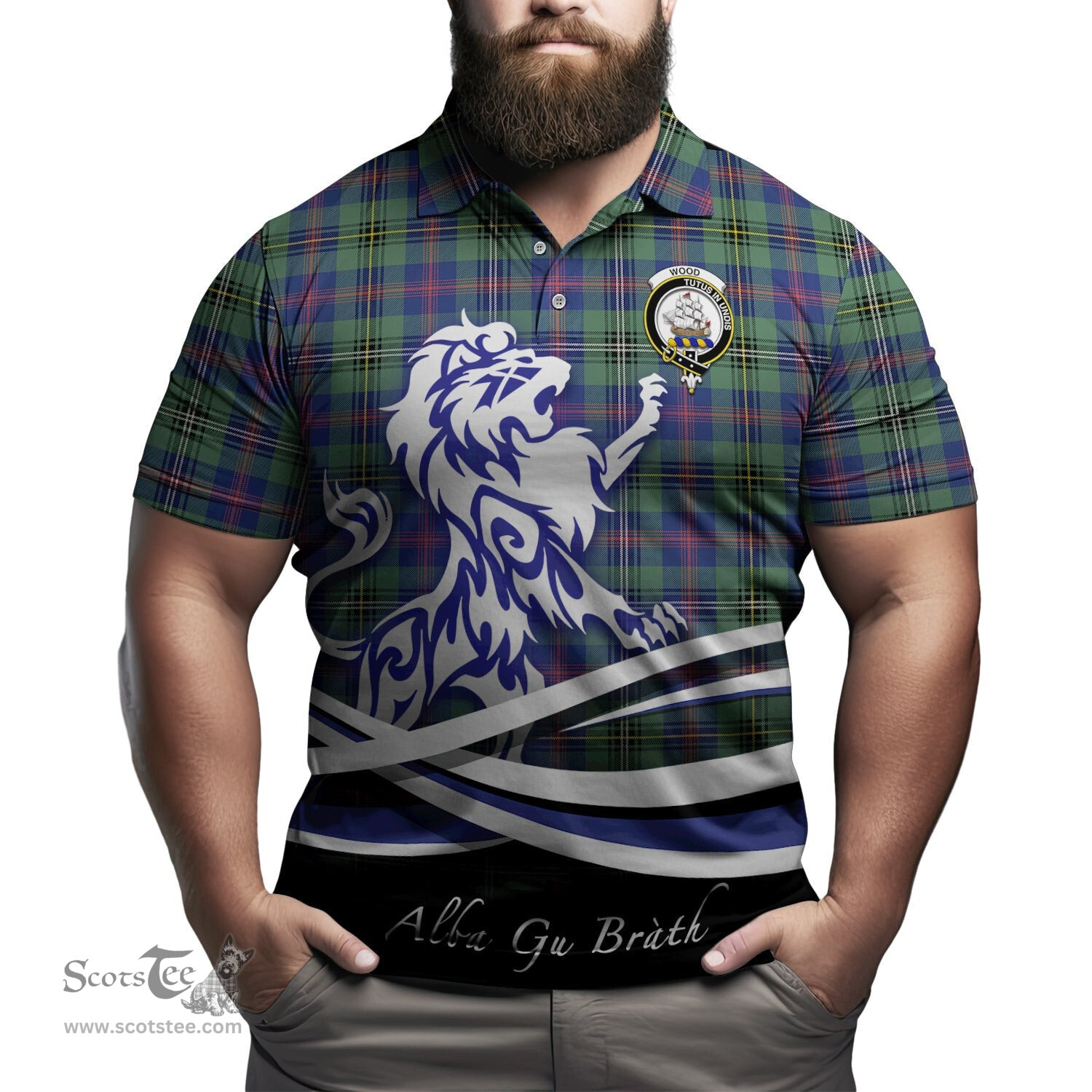 ScotsTee Shop Scottish Wood Modern Clan Crest Tartan Polo Shirt Alba Gu Brath Regal Lion Emblem