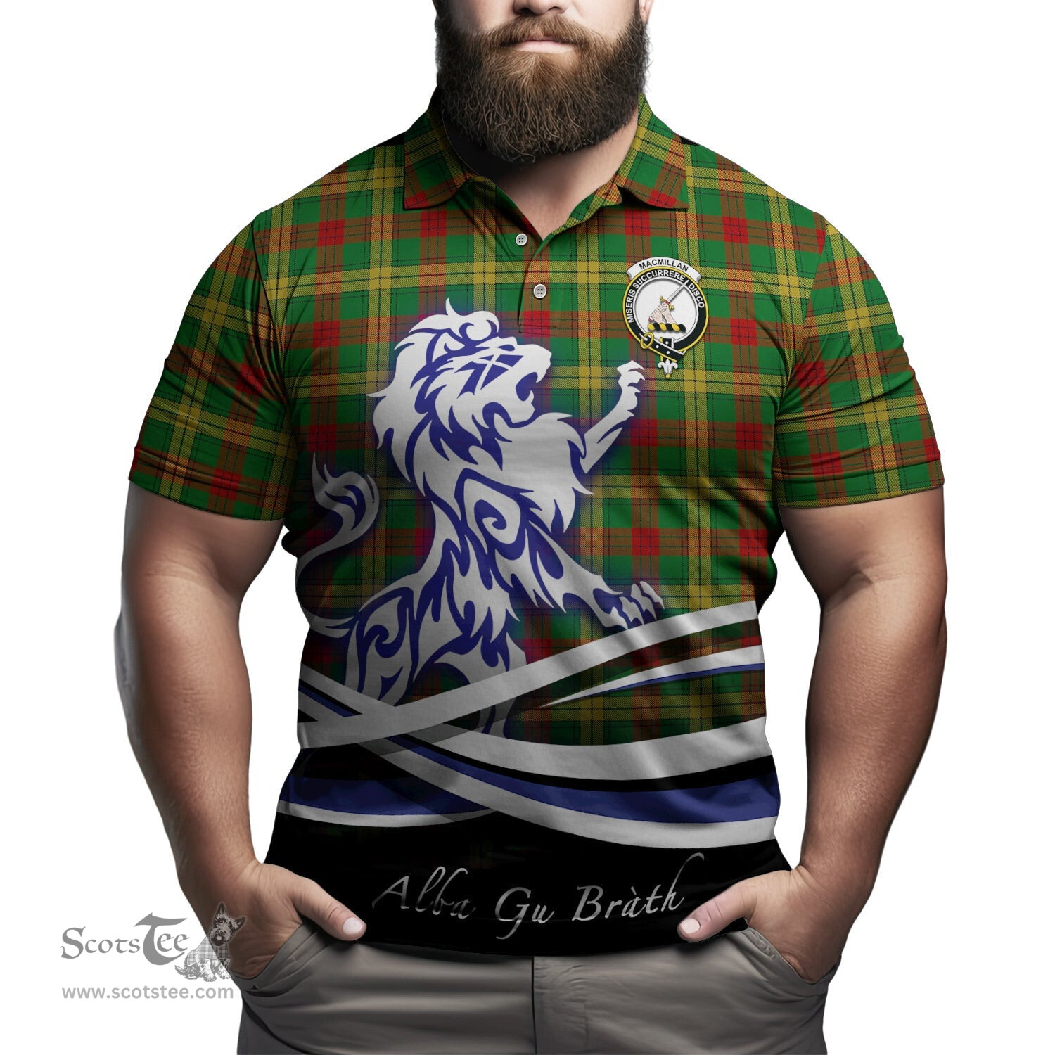 ScotsTee Shop Scottish MacMillan Society of Glasgow Clan Crest Tartan Polo Shirt Alba Gu Brath Regal Lion Emblem