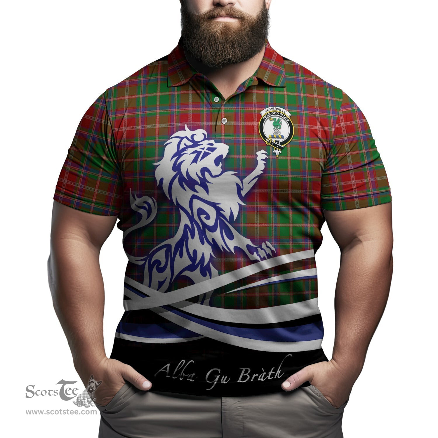 ScotsTee Shop Scottish Somerville Clan Crest Tartan Polo Shirt Alba Gu Brath Regal Lion Emblem