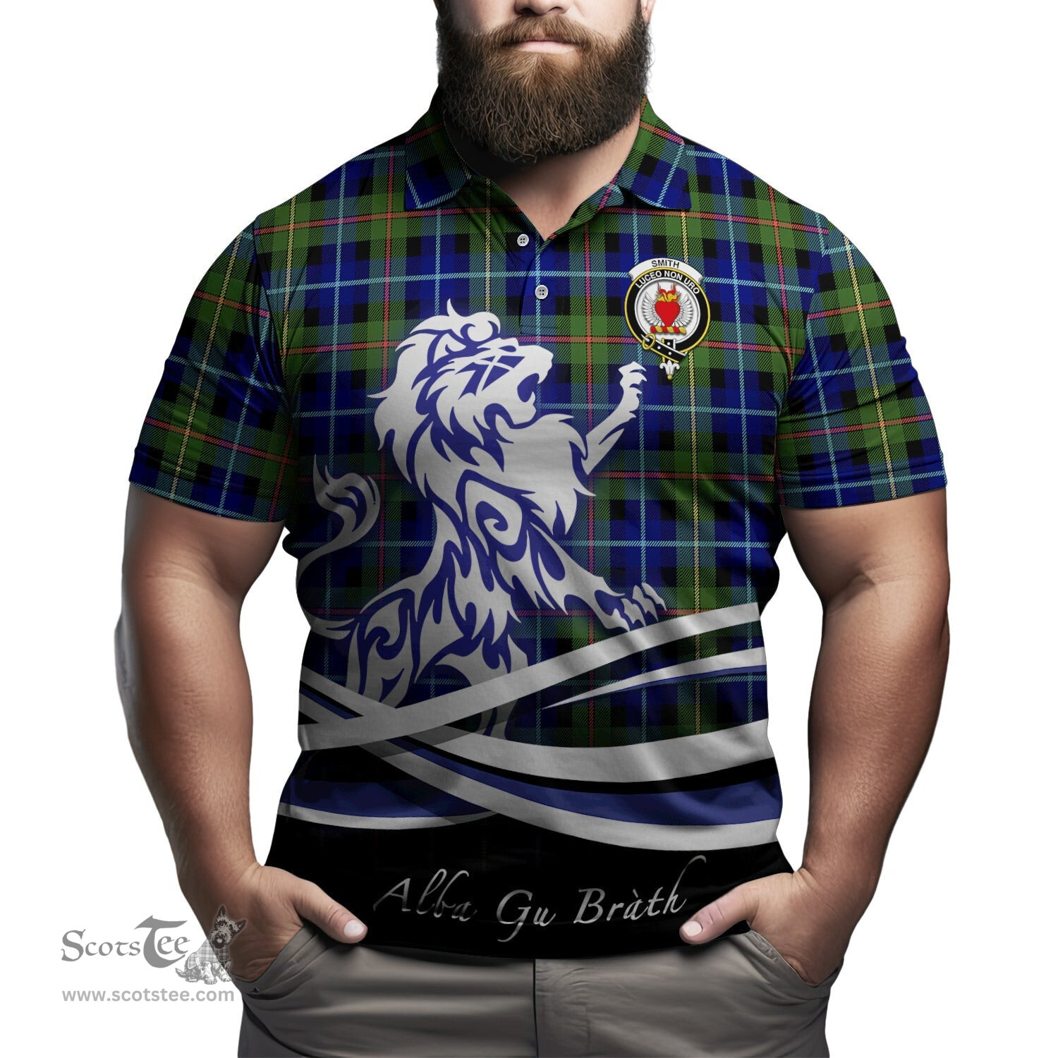 ScotsTee Shop Scottish Smith Modern Clan Crest Tartan Polo Shirt Alba Gu Brath Regal Lion Emblem