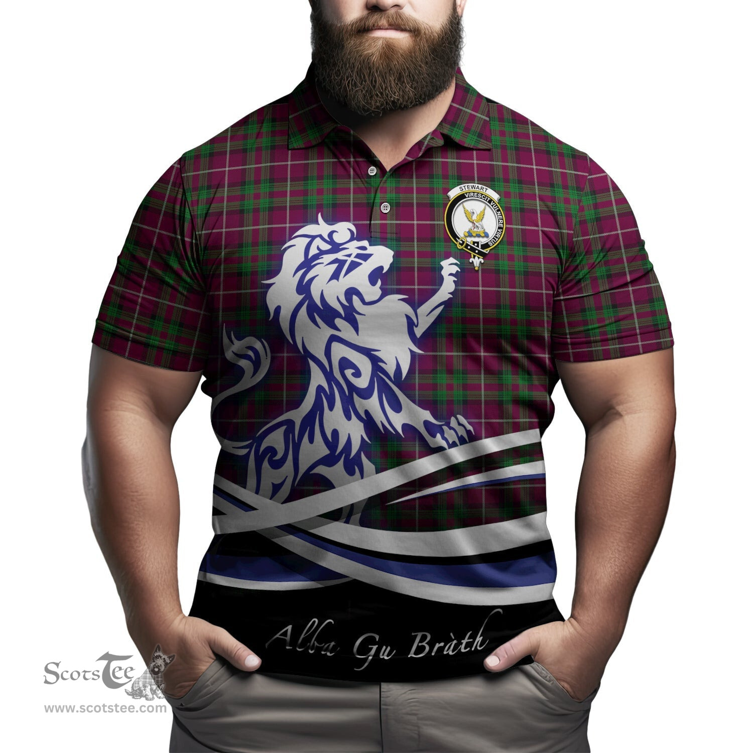 ScotsTee Shop Scottish Stewart of Bute Hunting Clan Crest Tartan Polo Shirt Alba Gu Brath Regal Lion Emblem