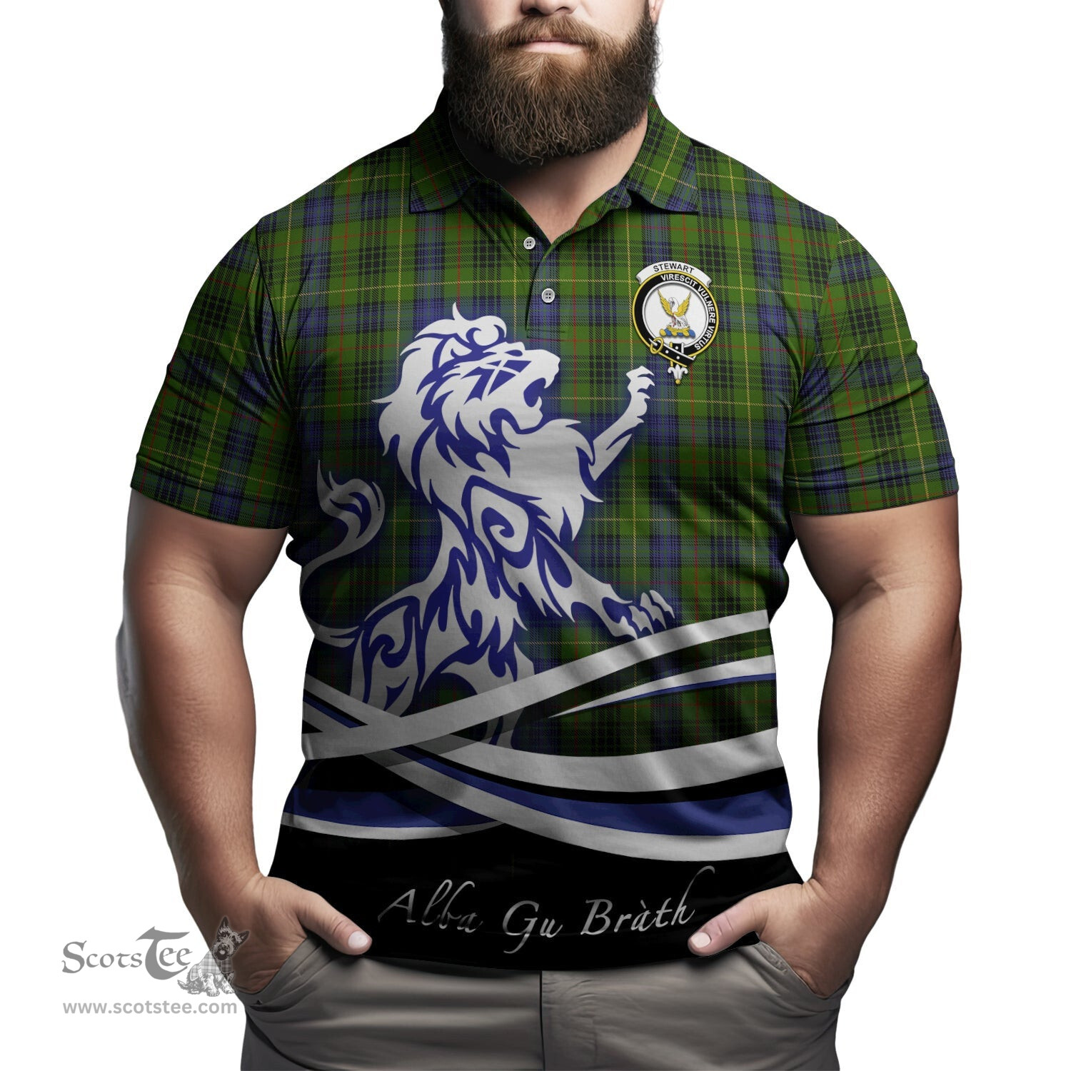 ScotsTee Shop Scottish Stewart Hunting Clan Crest Tartan Polo Shirt Alba Gu Brath Regal Lion Emblem