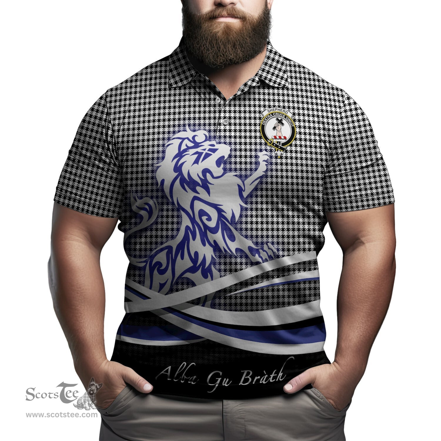 ScotsTee Shop Scottish Shepherd Clan Crest Tartan Polo Shirt Alba Gu Brath Regal Lion Emblem