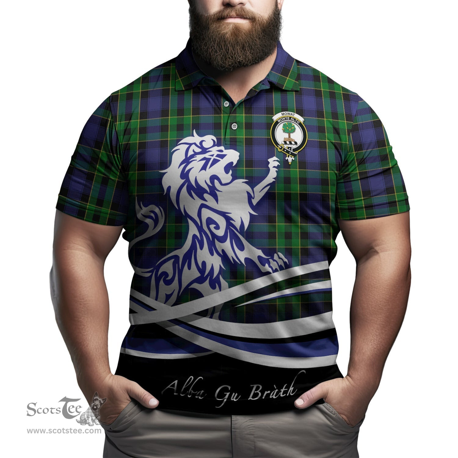 ScotsTee Shop Scottish Mowat Clan Crest Tartan Polo Shirt Alba Gu Brath Regal Lion Emblem