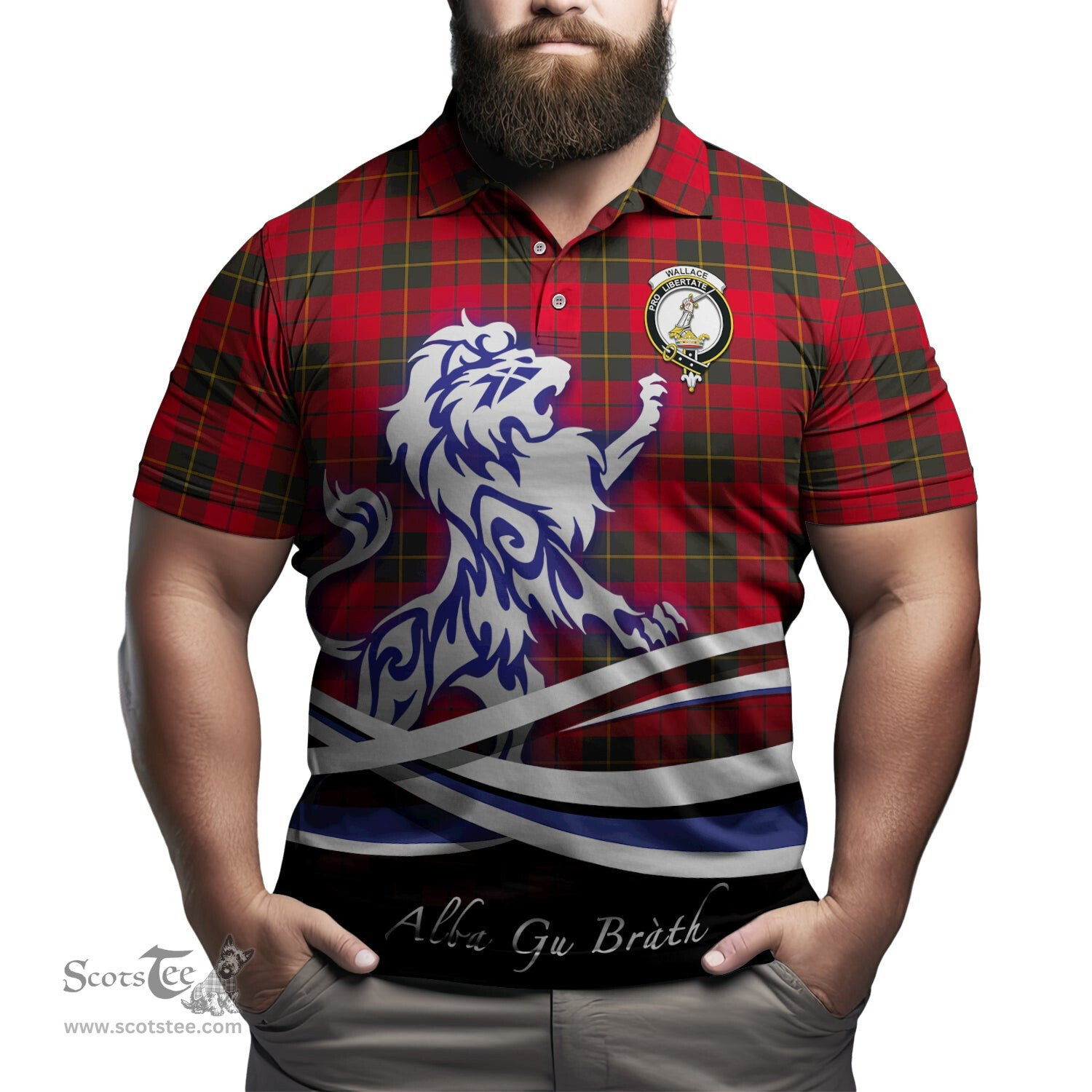 ScotsTee Shop Scottish Wallace Weathered Clan Crest Tartan Polo Shirt Alba Gu Brath Regal Lion Emblem