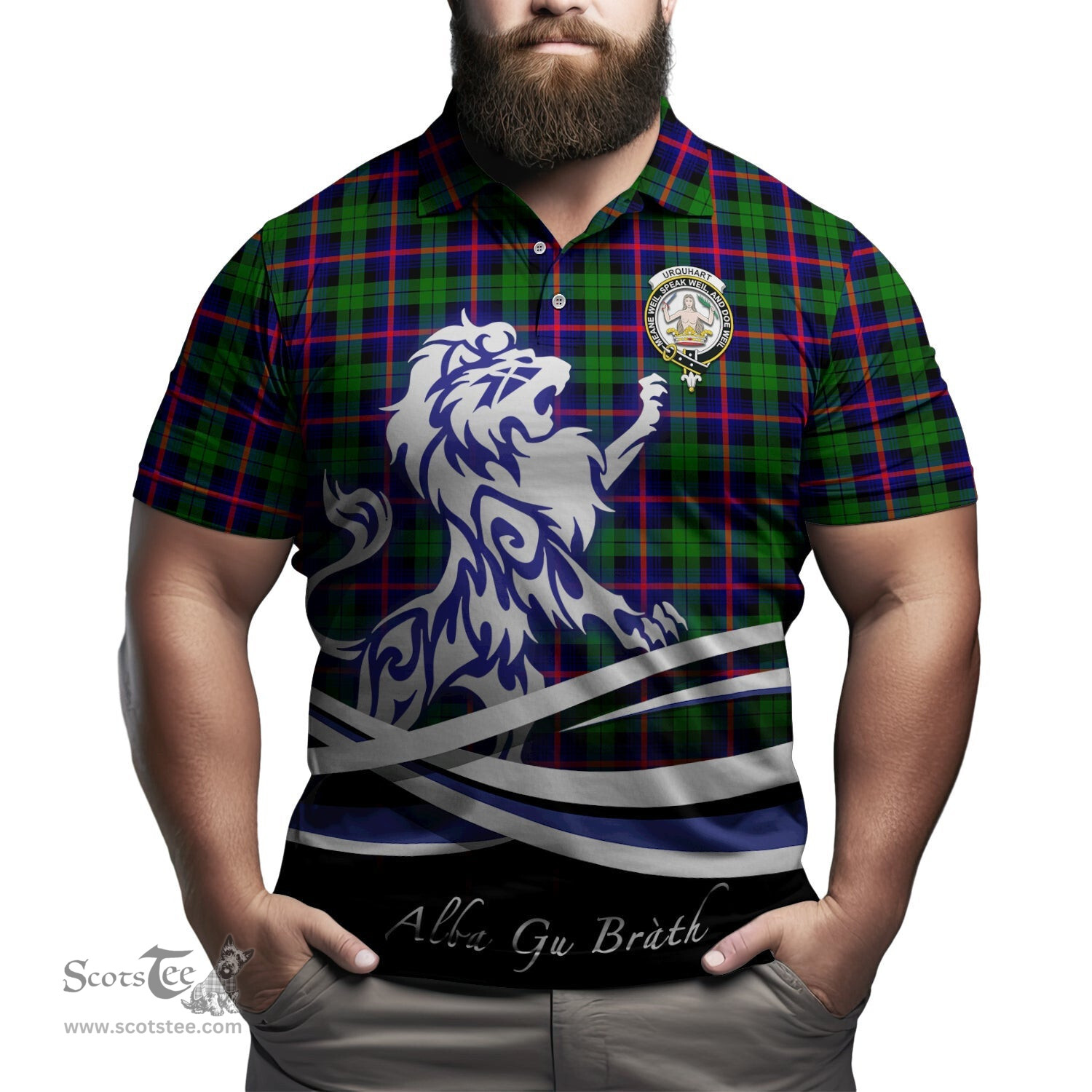 ScotsTee Shop Scottish Urquhart Modern Clan Crest Tartan Polo Shirt Alba Gu Brath Regal Lion Emblem