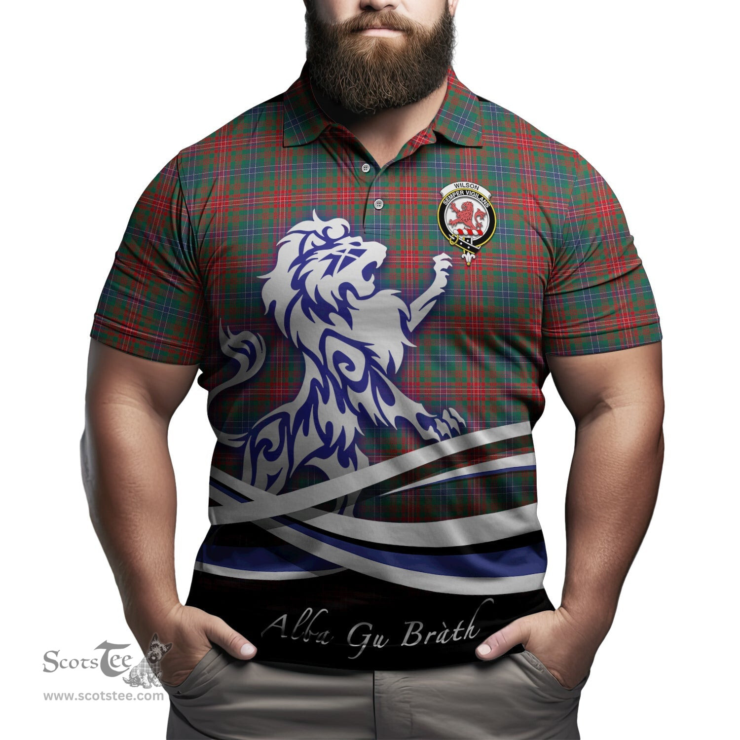 ScotsTee Shop Scottish Wilson Modern Clan Crest Tartan Polo Shirt Alba Gu Brath Regal Lion Emblem