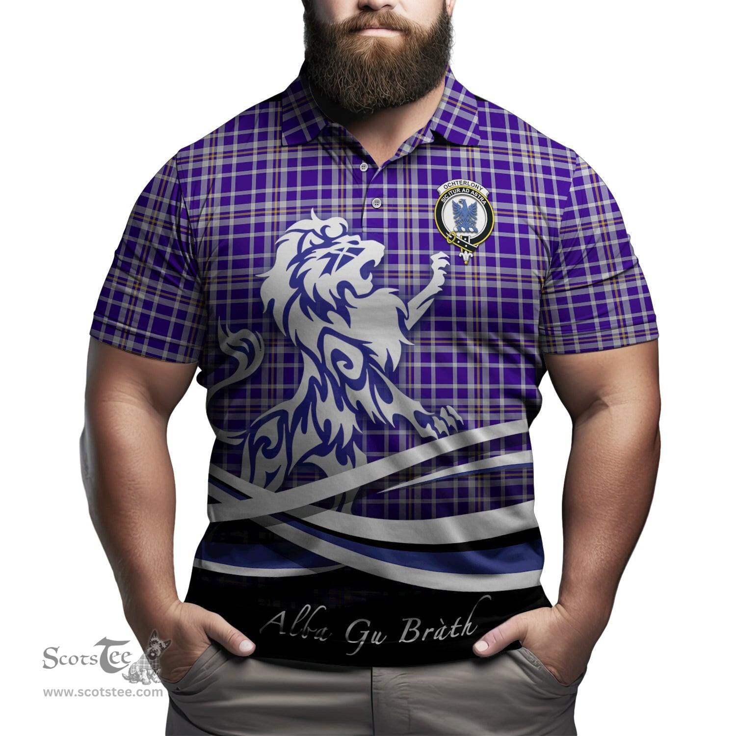 ScotsTee Shop Scottish Ochterlony Clan Crest Tartan Polo Shirt Alba Gu Brath Regal Lion Emblem