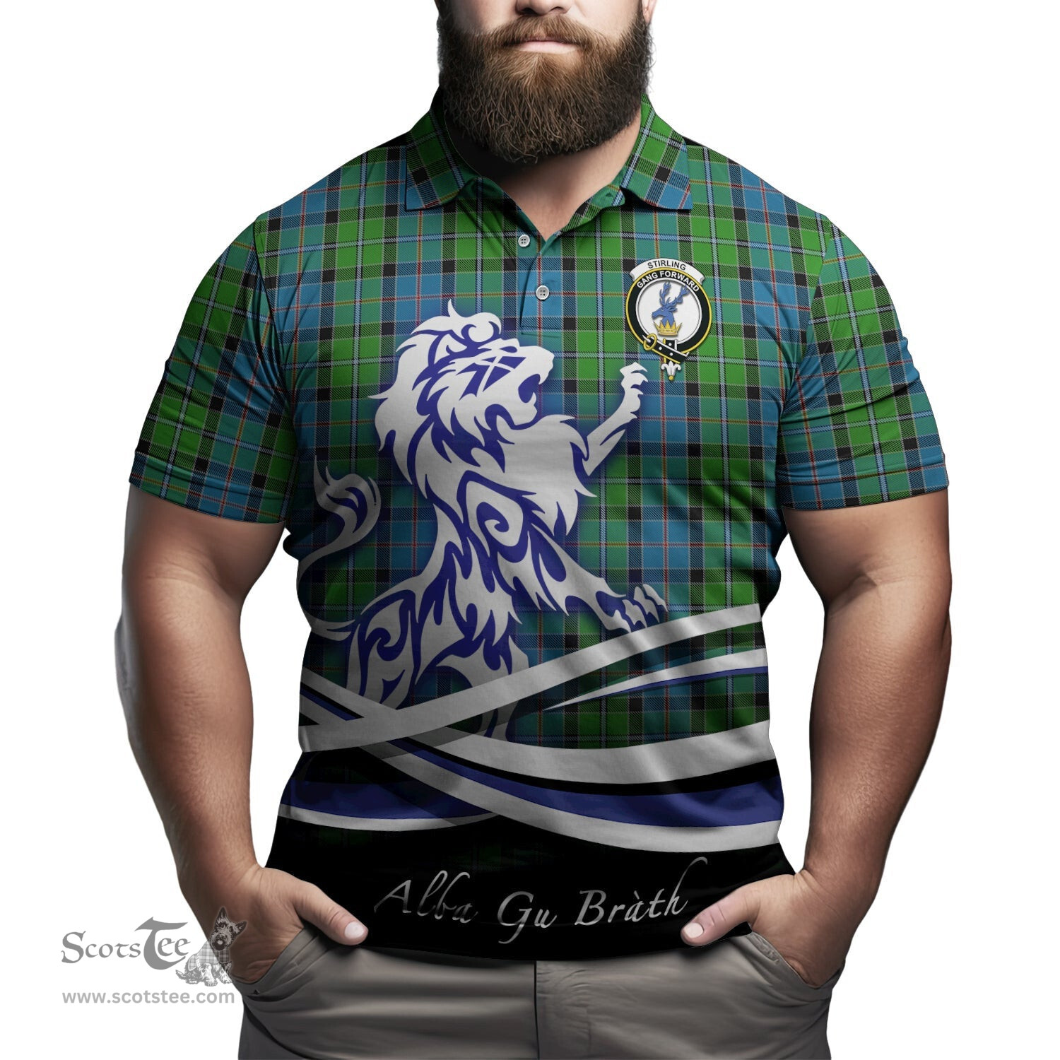 ScotsTee Shop Scottish Stirling Clan Crest Tartan Polo Shirt Alba Gu Brath Regal Lion Emblem