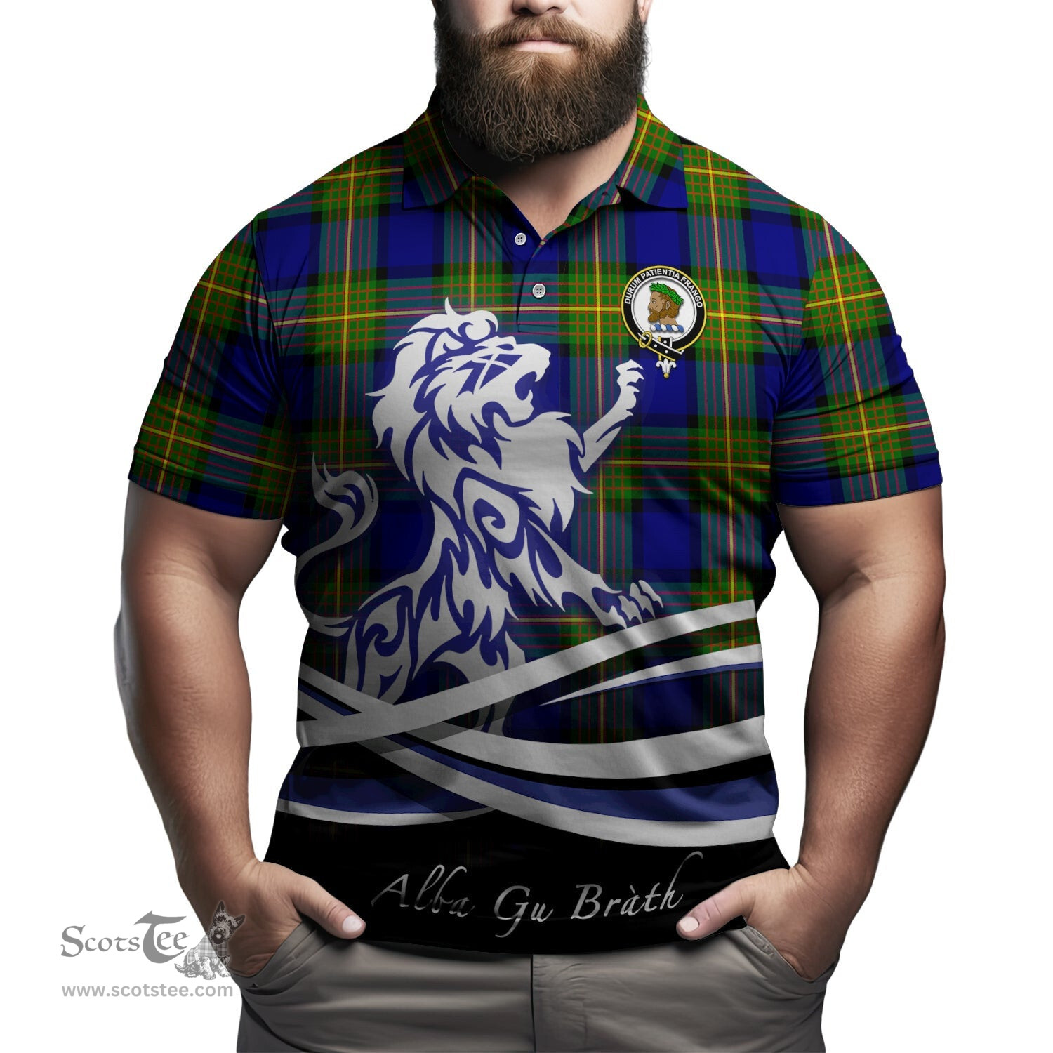 ScotsTee Shop Scottish Moore Clan Crest Tartan Polo Shirt Alba Gu Brath Regal Lion Emblem