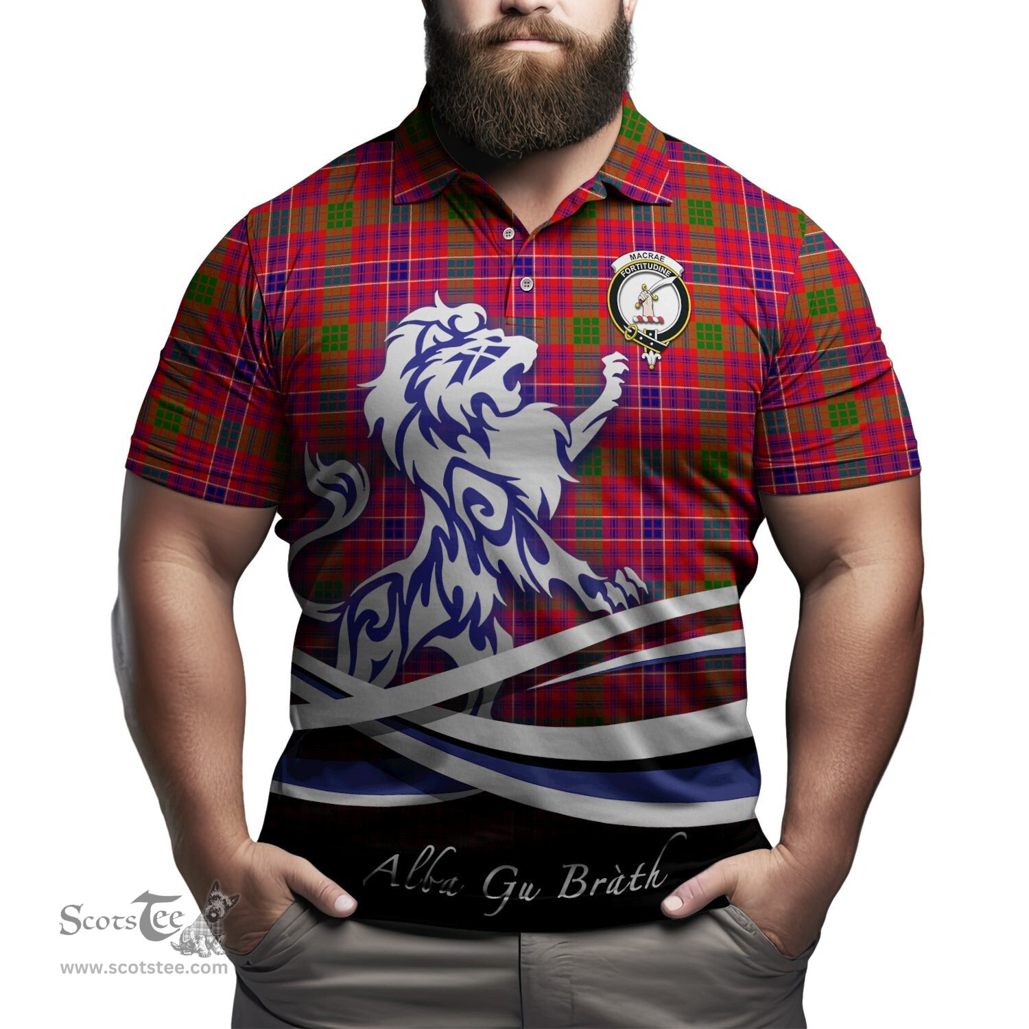 ScotsTee Shop Scottish MacRae Modern Clan Crest Tartan Polo Shirt Alba Gu Brath Regal Lion Emblem