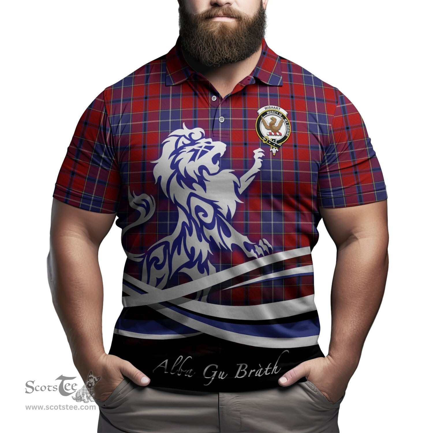 ScotsTee Shop Scottish Wishart Dress Clan Crest Tartan Polo Shirt Alba Gu Brath Regal Lion Emblem