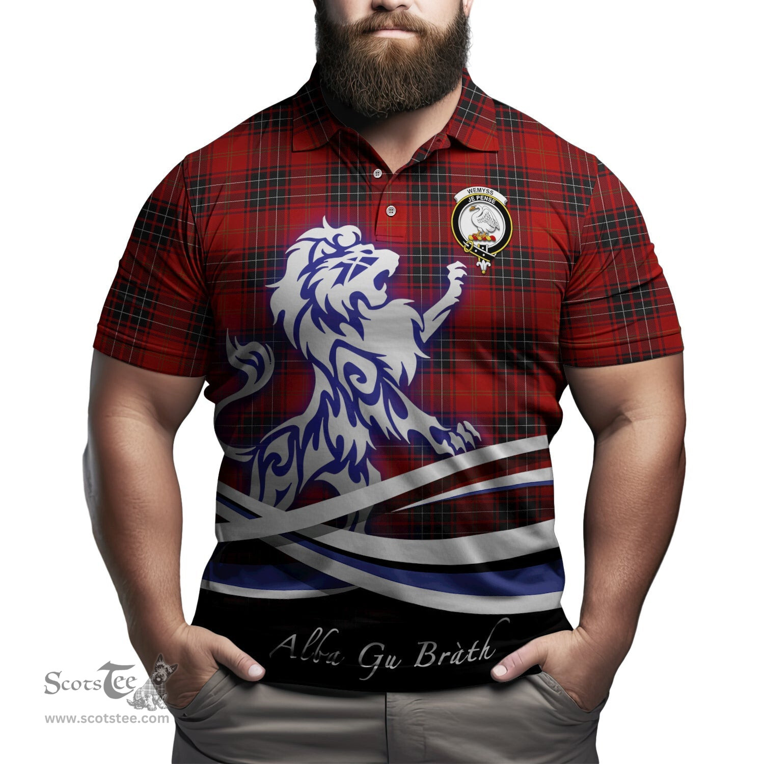ScotsTee Shop Scottish Wemyss Clan Crest Tartan Polo Shirt Alba Gu Brath Regal Lion Emblem