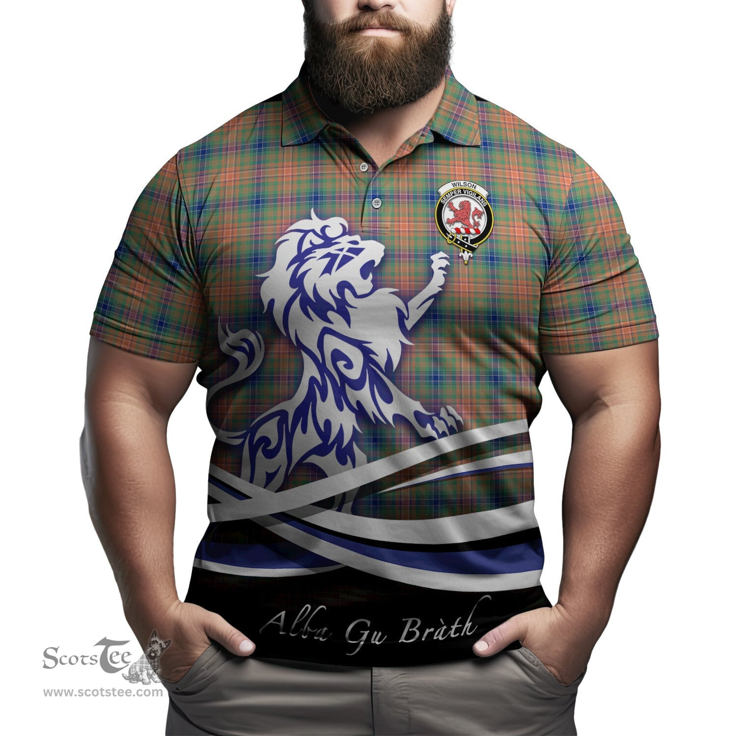 ScotsTee Shop Scottish Wilson Ancient Clan Crest Tartan Polo Shirt Alba Gu Brath Regal Lion Emblem