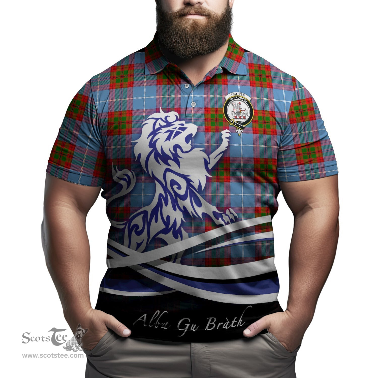 ScotsTee Shop Scottish Trotter Clan Crest Tartan Polo Shirt Alba Gu Brath Regal Lion Emblem