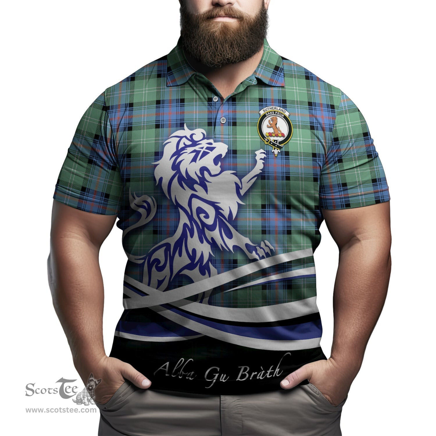 ScotsTee Shop Scottish Sutherland Ancient Clan Crest Tartan Polo Shirt Alba Gu Brath Regal Lion Emblem
