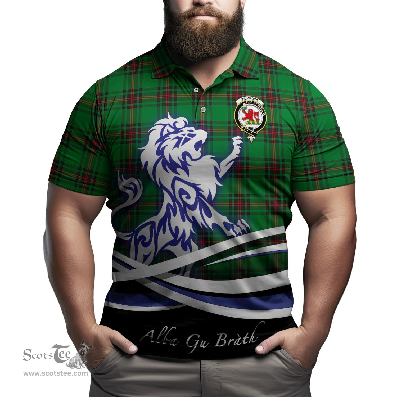 ScotsTee Shop Scottish Primrose Clan Crest Tartan Polo Shirt Alba Gu Brath Regal Lion Emblem