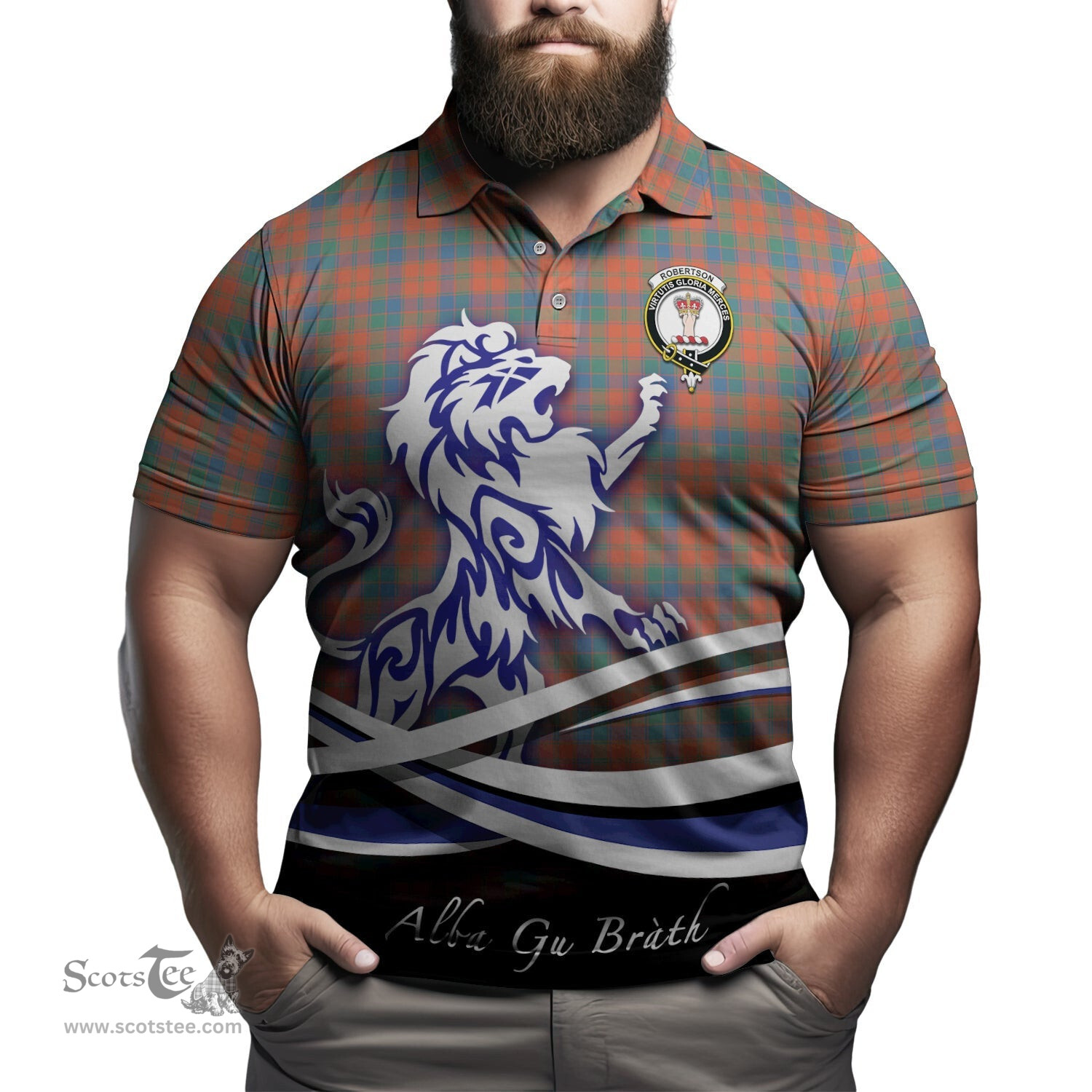 ScotsTee Shop Scottish Robertson Ancient Clan Crest Tartan Polo Shirt Alba Gu Brath Regal Lion Emblem
