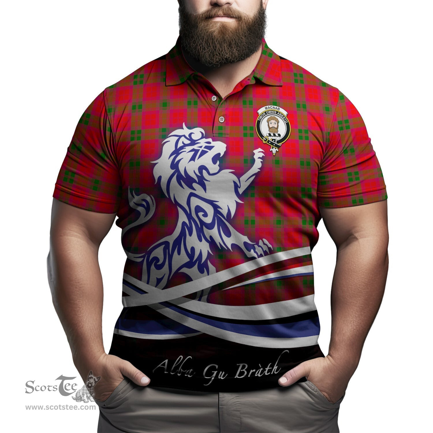 ScotsTee Shop Scottish MacNab Modern Clan Crest Tartan Polo Shirt Alba Gu Brath Regal Lion Emblem