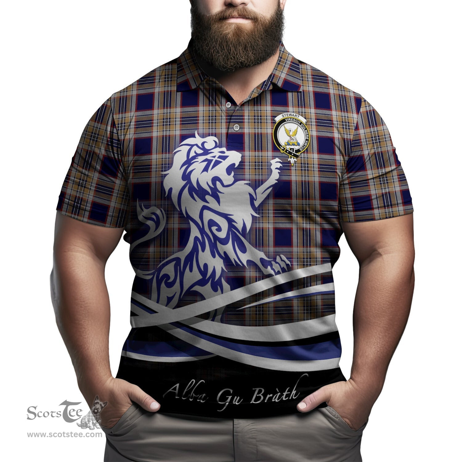 ScotsTee Shop Scottish Stewart Navy Clan Crest Tartan Polo Shirt Alba Gu Brath Regal Lion Emblem