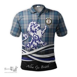 ScotsTee Shop Scottish Menzies Dress Blue and White Clan Crest Tartan Polo Shirt Alba Gu Brath Regal Lion Emblem