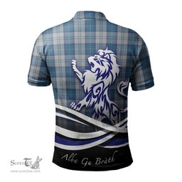 ScotsTee Shop Scottish Menzies Dress Blue and White Clan Crest Tartan Polo Shirt Alba Gu Brath Regal Lion Emblem