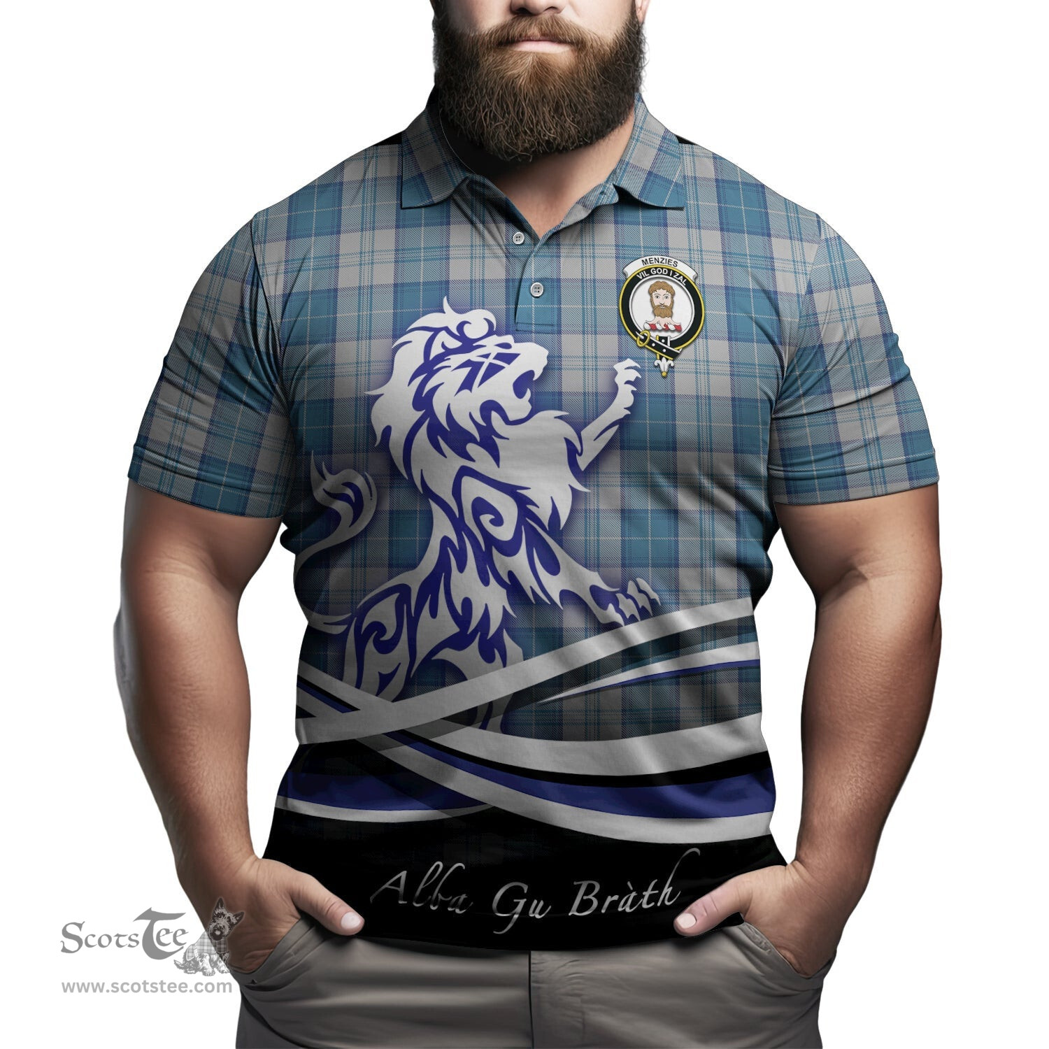 ScotsTee Shop Scottish Menzies Dress Blue and White Clan Crest Tartan Polo Shirt Alba Gu Brath Regal Lion Emblem