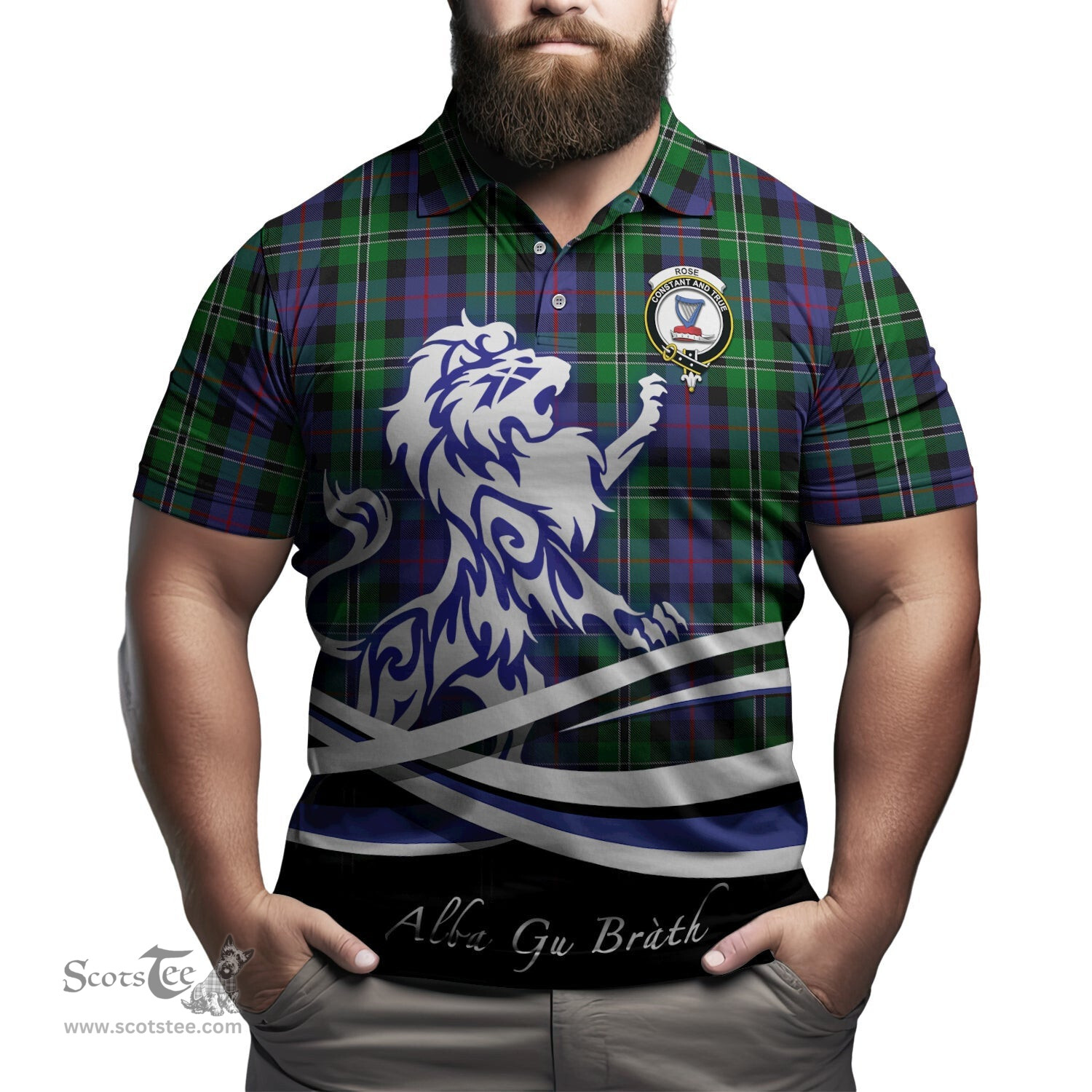 ScotsTee Shop Scottish Rose Hunting Clan Crest Tartan Polo Shirt Alba Gu Brath Regal Lion Emblem