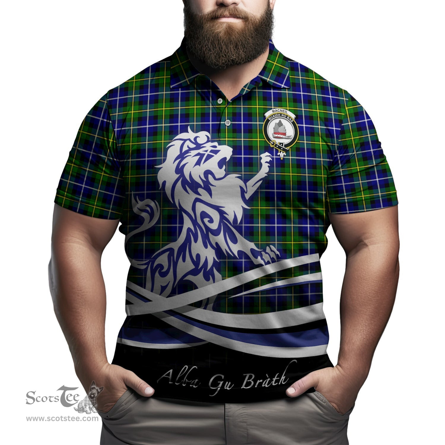 ScotsTee Shop Scottish MacNeil of Barra Modern Clan Crest Tartan Polo Shirt Alba Gu Brath Regal Lion Emblem