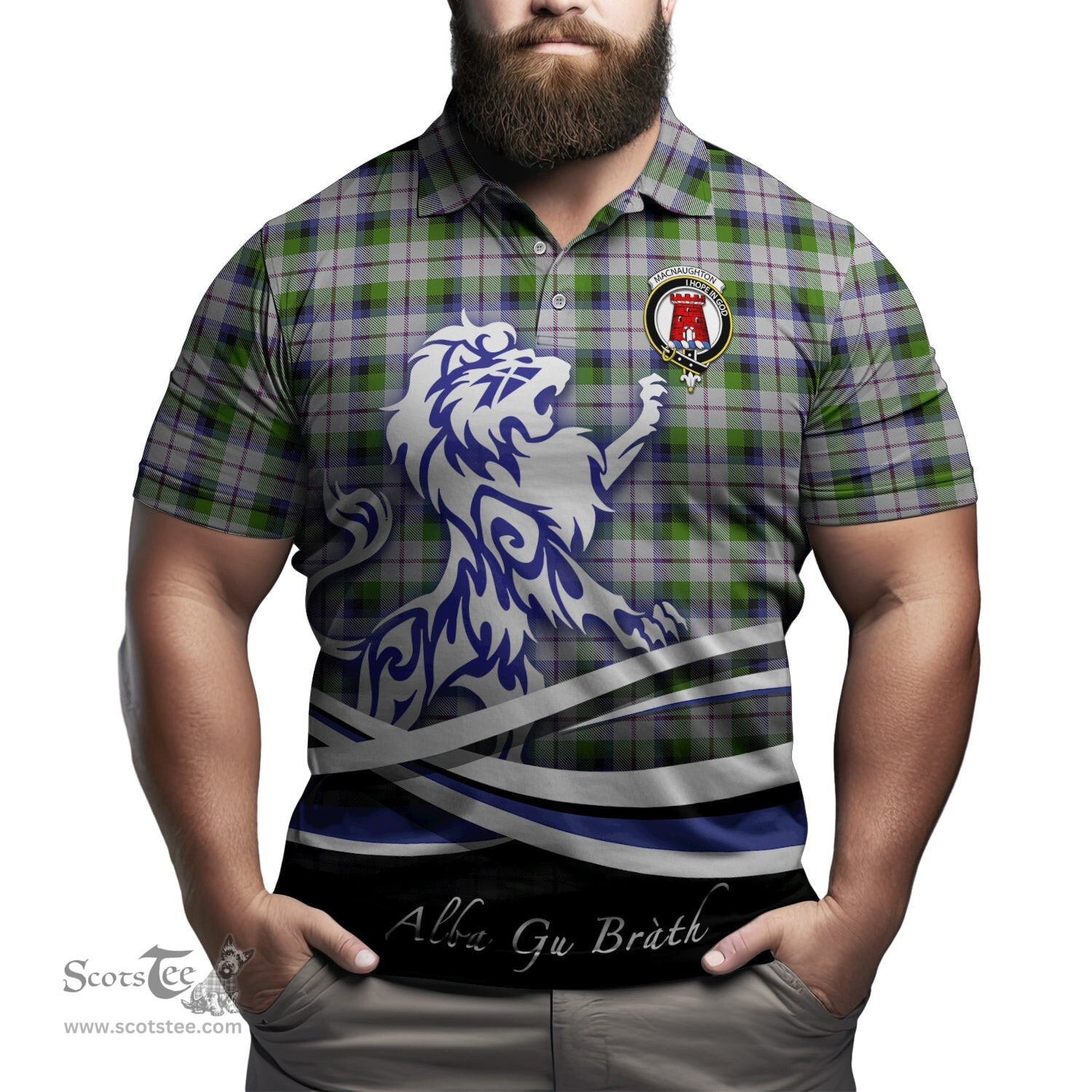ScotsTee Shop Scottish MacNaughton Dress Clan Crest Tartan Polo Shirt Alba Gu Brath Regal Lion Emblem